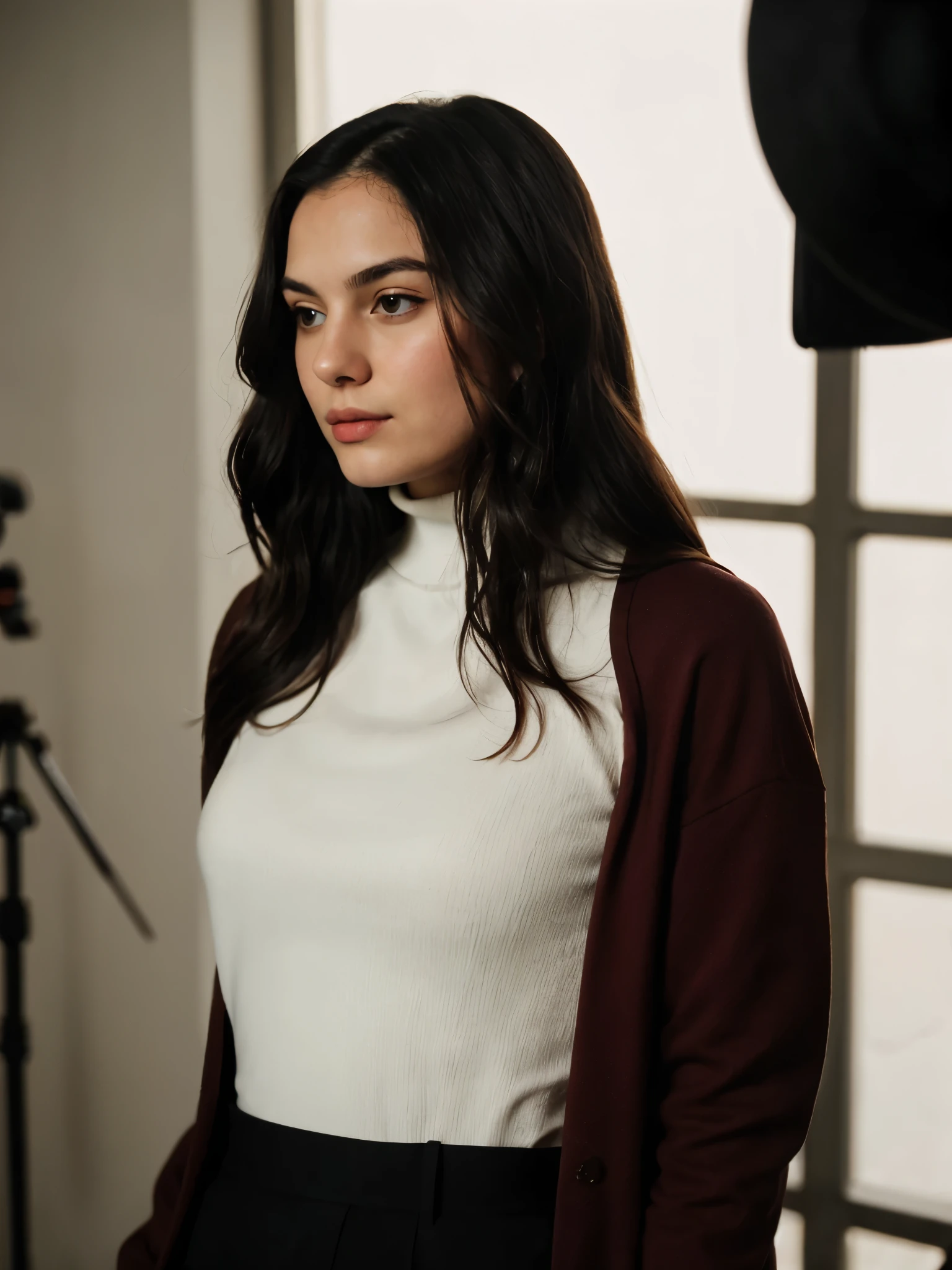 analog raw candid photo of a beautiful young white woman, realistic skin texture, black long wavy hair, slim, (closed mouth:1.1), black turtleneck shirt, burgundy blazer, studio lighting, studio portrait, 35mm, perfect proportion, half body portrait