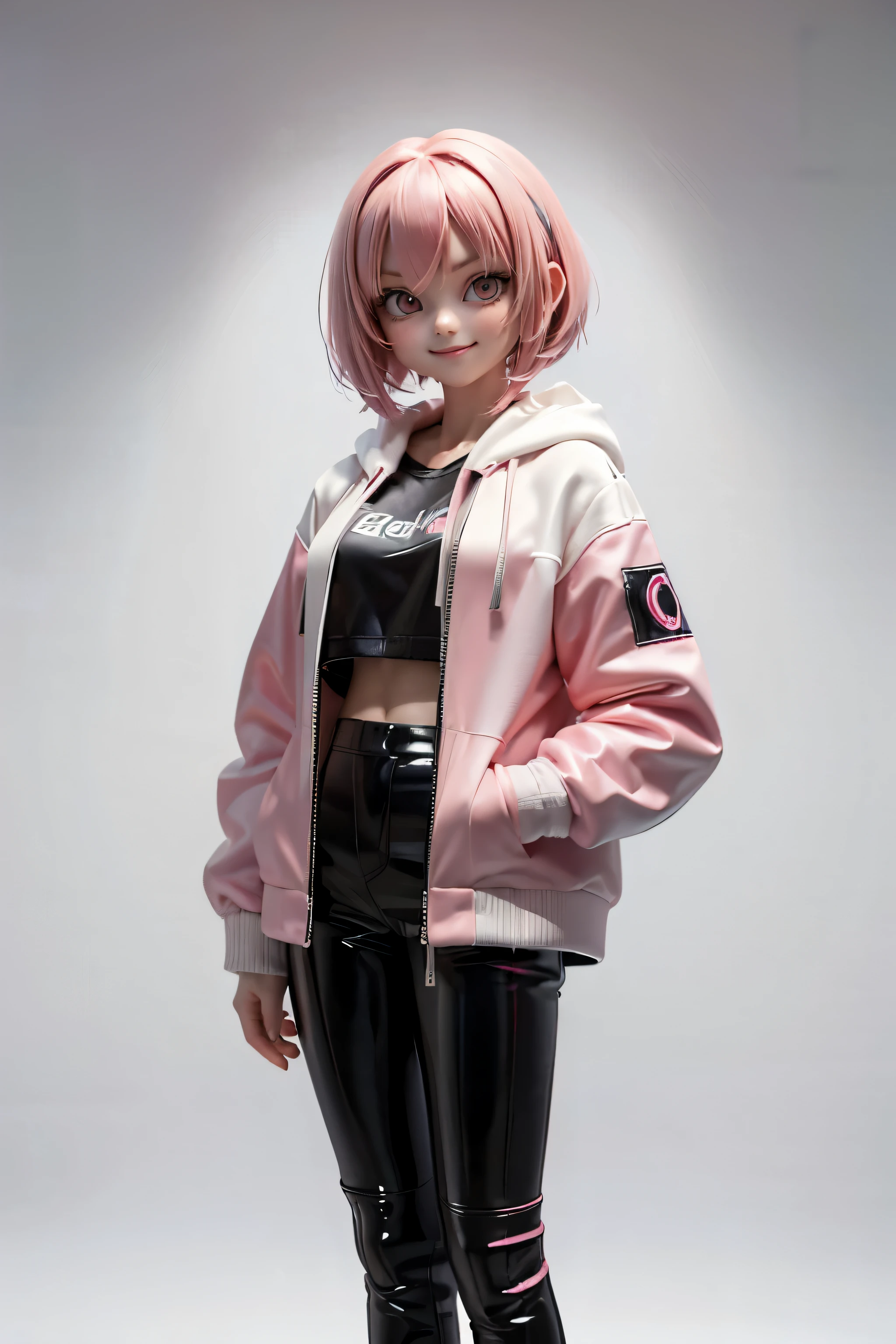 (1 beautiful girl), 18-year-old, joy, smile, pink bob cut hair, Decisive pose、white and pink vinyl jacket, hoodie, ninja artist、futuristic cyberpunk style、Black vinyl pants、pink vinyl boots、Are standing, front view only、whole body, concept art、((simple white background))