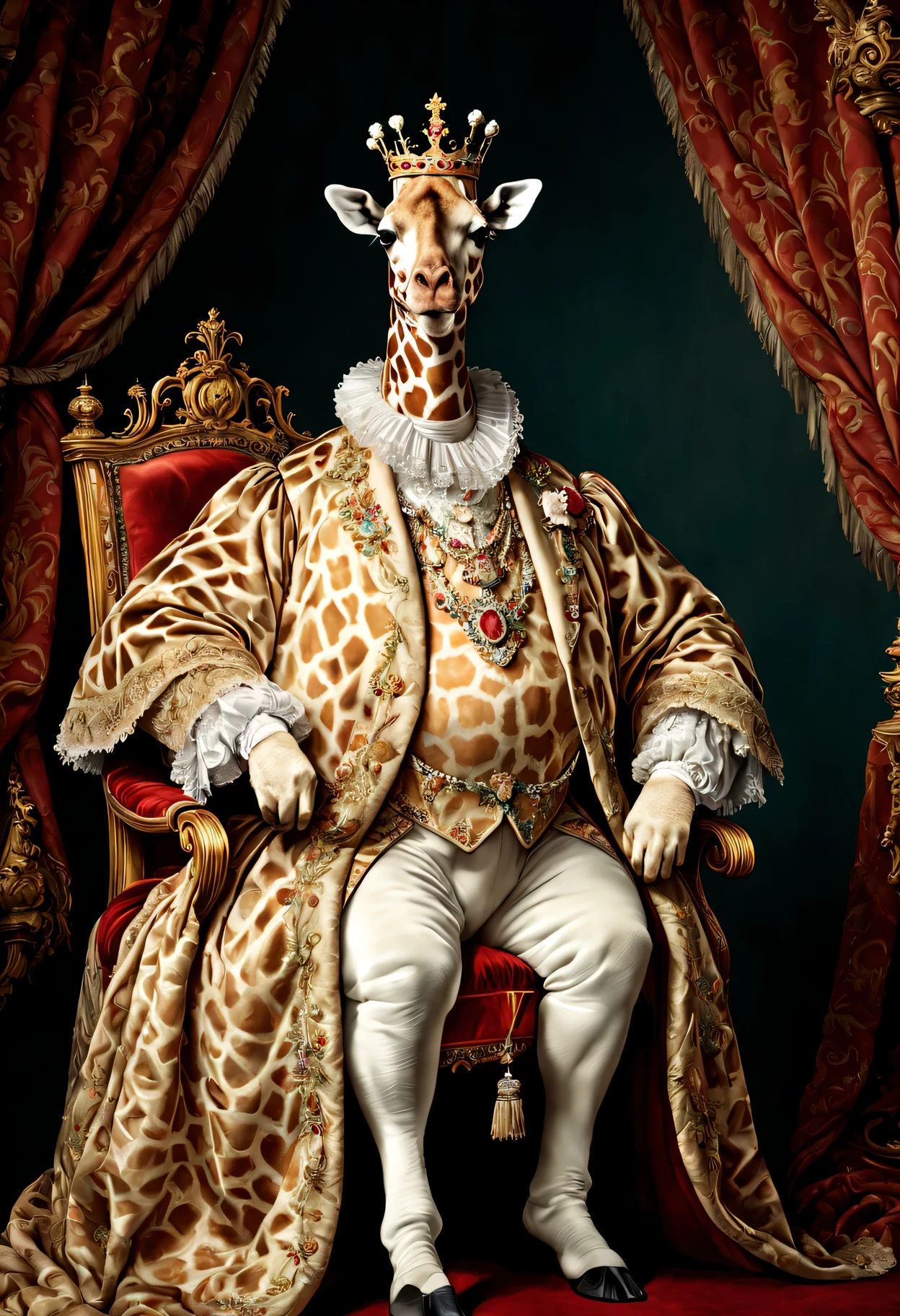 photorealistic portrait of Dressed animals - a ((fat)) giraffe king, (full body image:1.5), Wearing luxury sack-back gown,(wearing luxury crown),holding scepter, Old-fashioned luxury clothes, detailed and opulent description of a king's aristocratic sack-back gown in Rococo style, sitting on the throne, emphasizing luxurious fabrics, intricate embroidery, and ornate accessories, Rococo style background