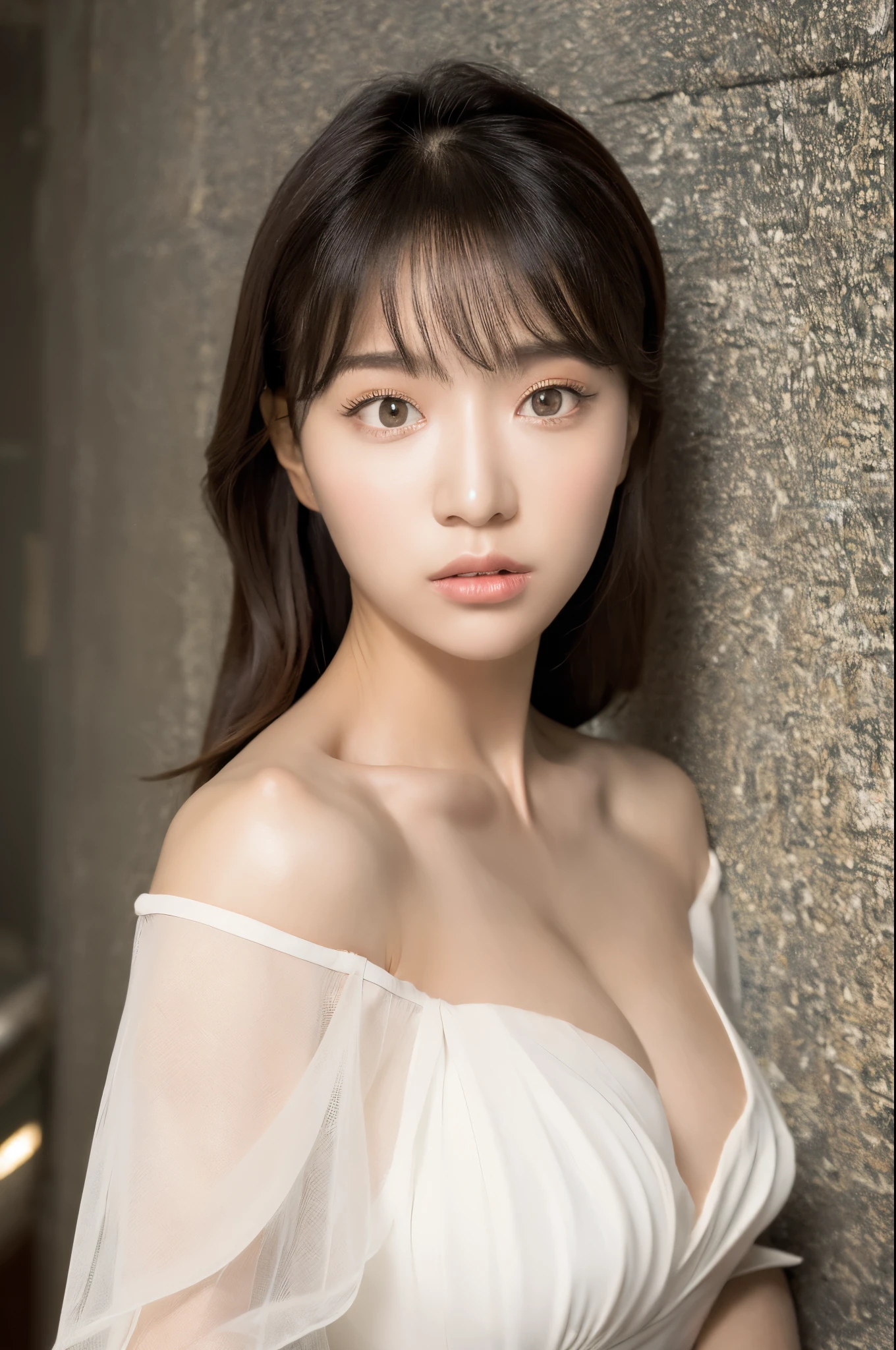 best quality,masterpiece,(lifelike:1.4),original photo,(Realistic skin texture_1.3),1 girl,alone,Bangs,long hair,white dress,Half body,