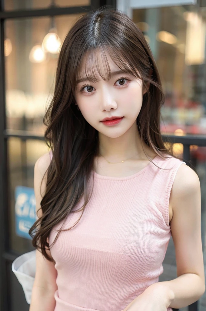 light pink knit dress,long hair