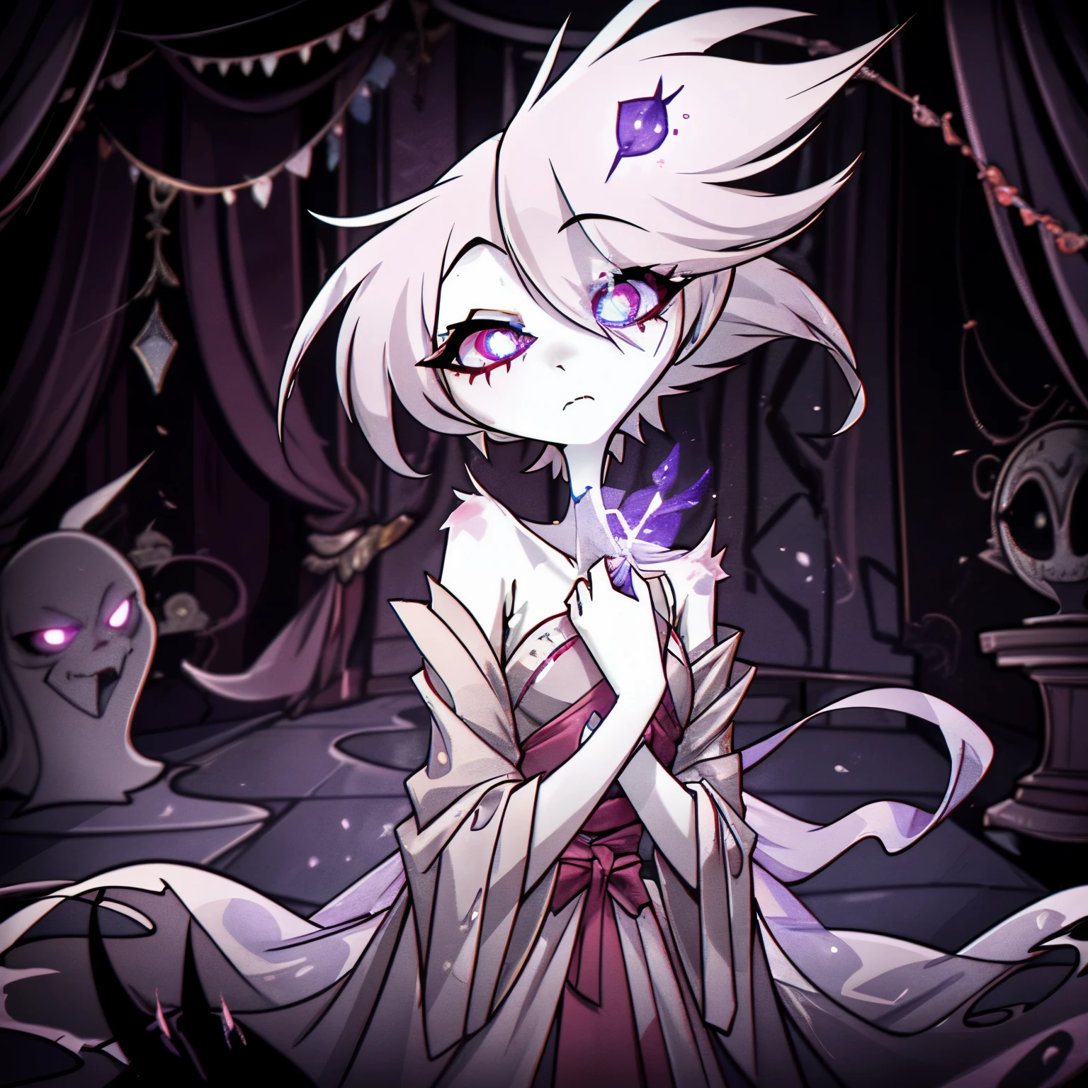 In the vivid realm of Hazbin Hotel, a hauntingly beautiful feminine ghost demon materializes, her translucent form exuding an ethereal aura. Her delicate features and shimmering, ghostly eyes reflect the depths of her sorrowful existence. Draped in a tattered and floating gown, she leaves a trail of mist in her wake, carrying the weight of forgotten stories and unfulfilled desires. With an enigmatic and melancholic presence, she adds an eerie and captivating element to the vibrant world of Hazbin Hotel, embodying the mysteries that lie beyond the realm of the living. ((Solo)), ((1character))
