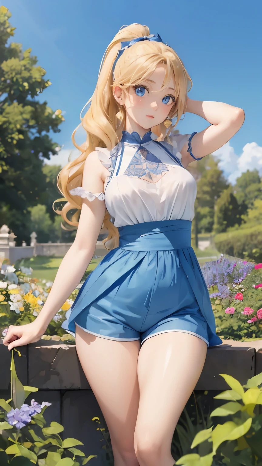 Texture CG, ((Ultra Detail Art)), ((master piece)), (extremely details CG),1girl,solo,ragnarokarch,nsfw,(open legs with standing pose),gal , gyaru,beautiful breasts,slim body, slim legs, collarbones,slim and smooth lines,slim waist,small butt,(erection nipple:1.2), (panty shot),wind lift ,(miniature microbikini,tiny microbikini,string-only microbikini,pussy peek,clitoris slip,very lowleg,microbikini wedged in vulva),(((White Puff Sleeves))), white thigh thighs, Gold Sash ,White blue dress from neck to chest, cleavage deep cutout, Long blue skirt with high slit,(((very short length and very narrow size pelvic curtain))),((Blue Wide Sleeve), (Blue Dress very Short length and very narrow size Front)), long hair, blonde hair,silver hair,brown hair,Curve, Beautiful detailed eyes , gleaming skin, open mouth ,smile, outsides ,clear sky, in summer ,windy ,garden,