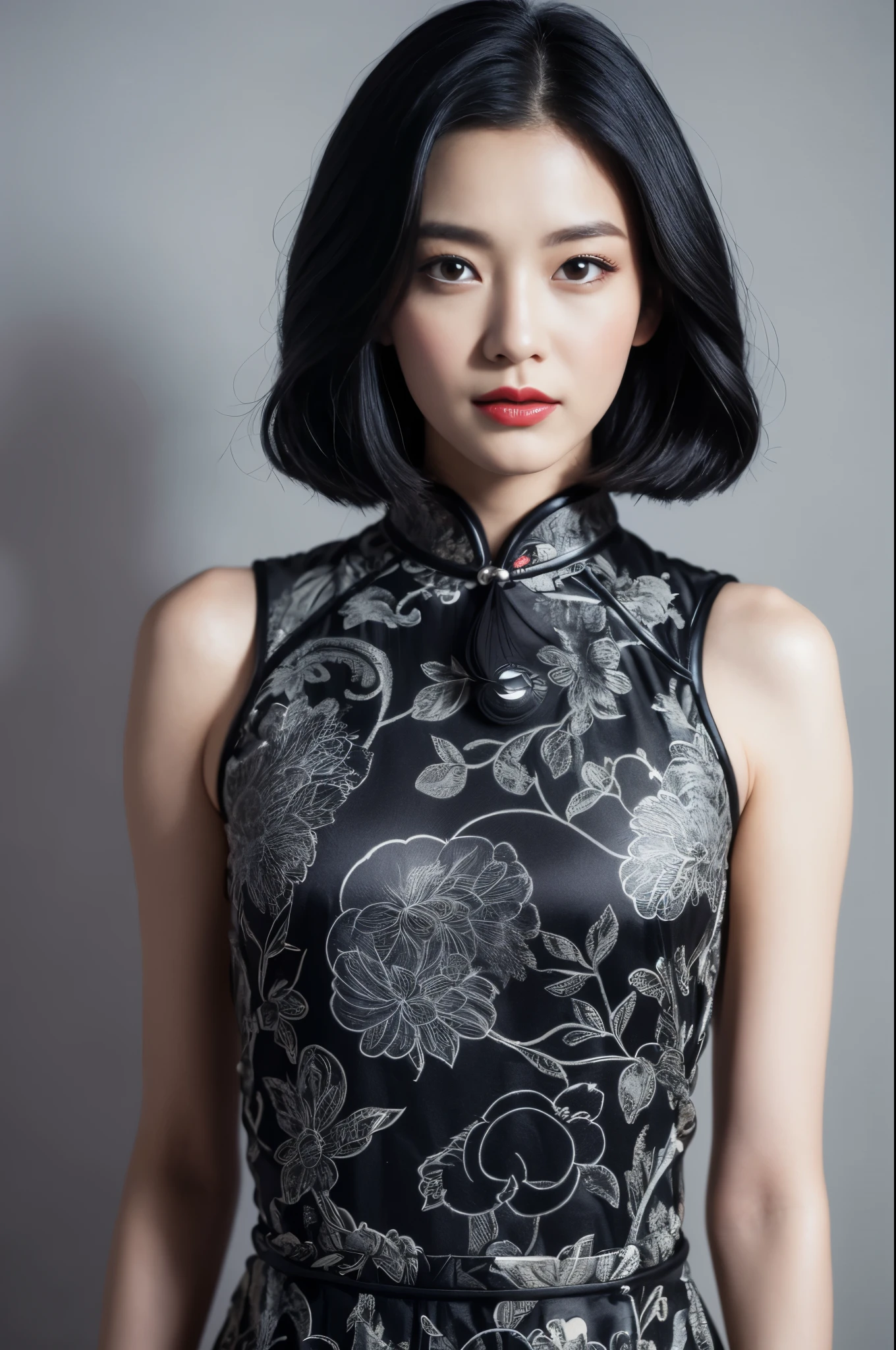 (White printed cheongsam),tight cheongsam,Smart cheongsam,1 girl,stunning beauty,(behind arm:1.1),(realistically:1.7),((best quality)),absurd,(ultra high resolution),(realistically:1.6),realistically,Render by Octane,(surreal:1.2),(Photo-realistic face:1.2),(8k),(4K),(masterpiece),(Realistic skin texture),(Enlightenment,light,wallpaper),(beautiful eyes:1.2),(is a perfect face))),(Lovely),(stand up),(black hair color hair),black eyes,red lips,(Exterior),