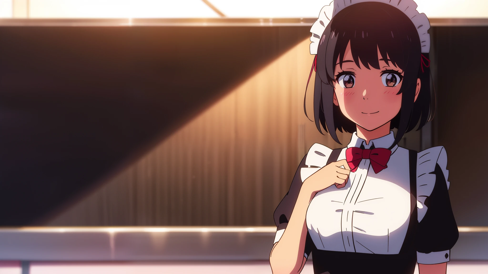 shinkai makoto, kimi no na wa., 1girl, bangs, black hair, blush, bright eyes, brown eyes, bow, ribbon, short hair, smile, cute, beautiful, shiny skin, looking at viewer, solo, maid clothes, maid headdress, short dress, frills, hair ornament, Off-the-shoulders, upper body, valentine background