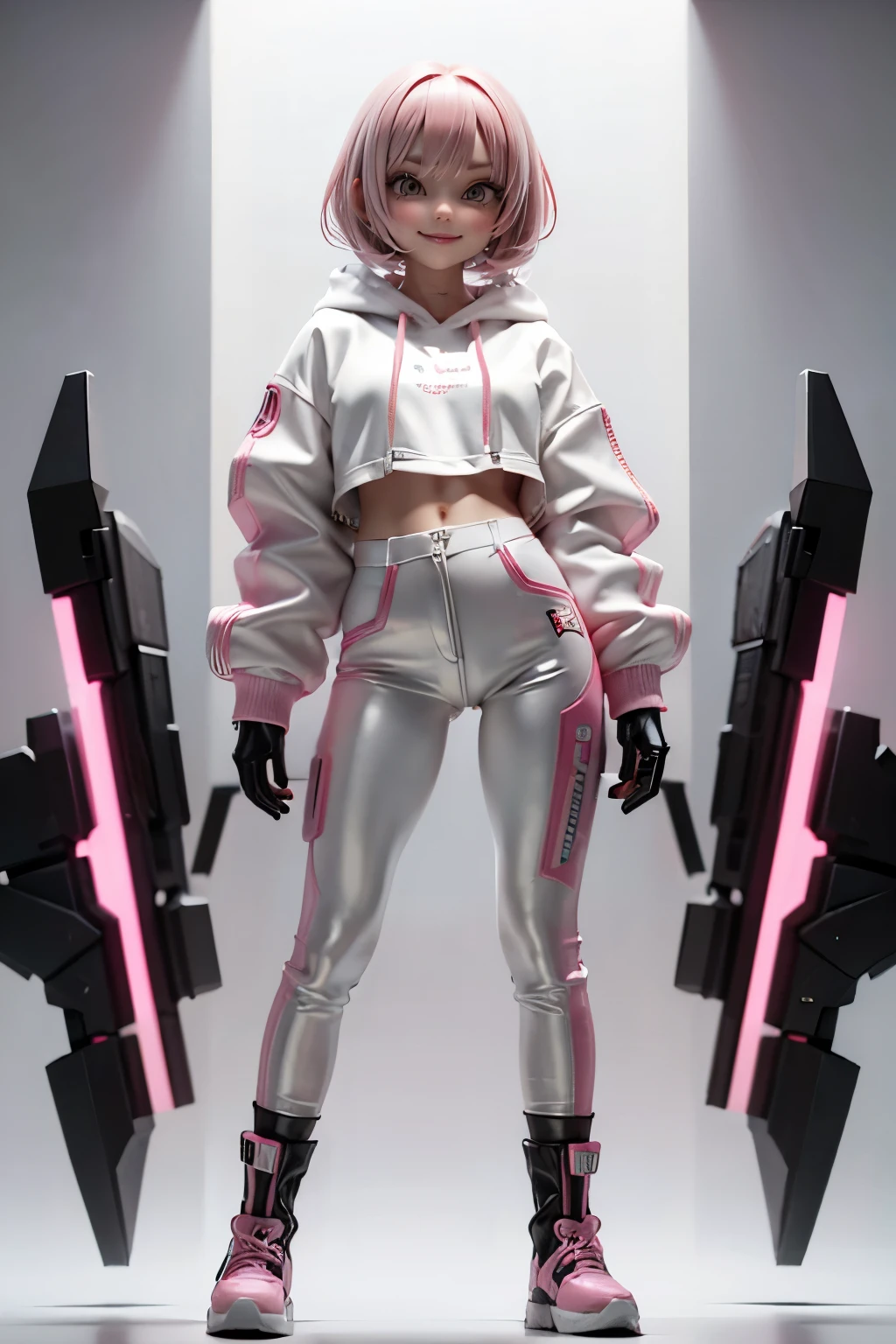 (1beautiful girl), 18 year old, smile, pink bob cut hair, 決めポーズ、white and pink vinyl jacket, hoodie, ninja artist、futuristic cyberpunk style、silver vinyl pants、pink vinyl boots、standing, just the Front view、full body, concept art、((Simple white background))