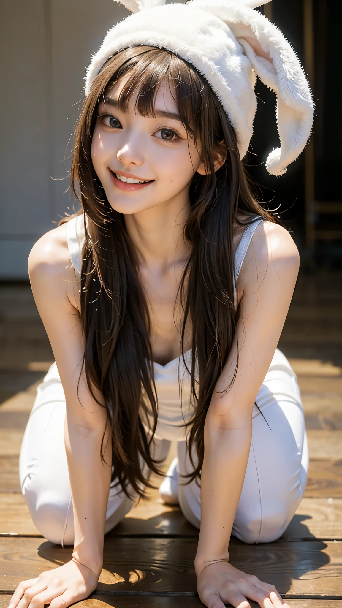 highest quality, masterpiece, ultra high resolution, (realistic:1.4), (backward portrait) RAW photo, 1 girl, small butt,22 years ago,wink,((backwards crawling on all fours))slender body,Medium chest,((white rabbit costume)),((white bunny ears hat))、((long hair with straight bangs)),((looking up at the audience)), realistic pictures,((toothy smile)),