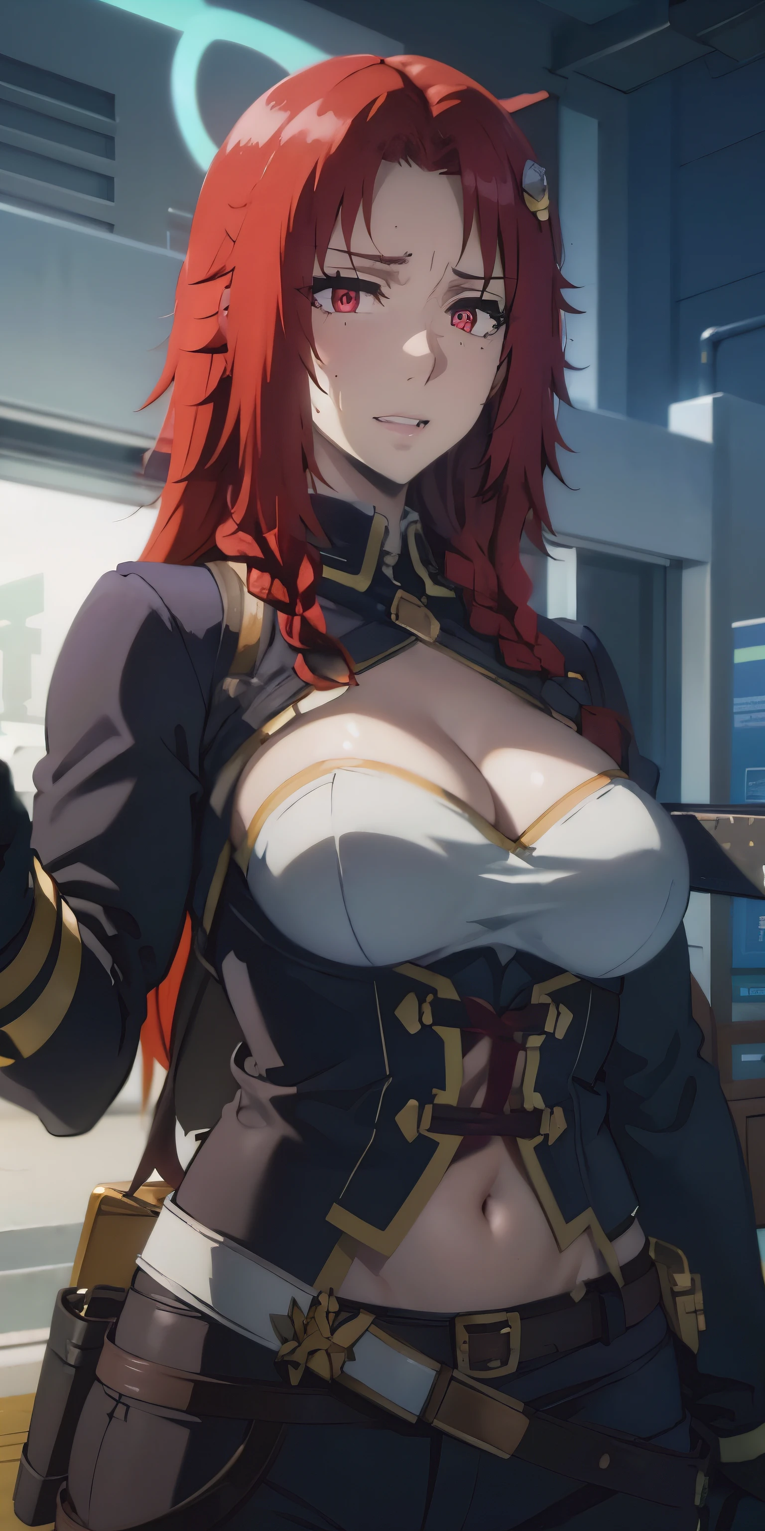 Iris, red hair, long hair, braid, red eyes, breasts, smirk, upper teeth, katana, holding katana, gloves, 1girl, solo, armor, holding_katana, looking_at_viewer, breastplate, holding_katana, outstretched_arm, blurry, letterboxed, glow effects, godrays, Hand drawn, render, 8k, octane render, cinema 4d, blender, dark, atmospheric 4k ultra detailed, cinematic, Sharp focus, big depth of field, Masterpiece, colors, 3d octane render, 4k, concept art, trending on artstation, hyperrealistic, Vivid colors, extremely detailed CG unity 8k wallpaper, trending on CGSociety, Intricate, High Detail, dramatic"",
