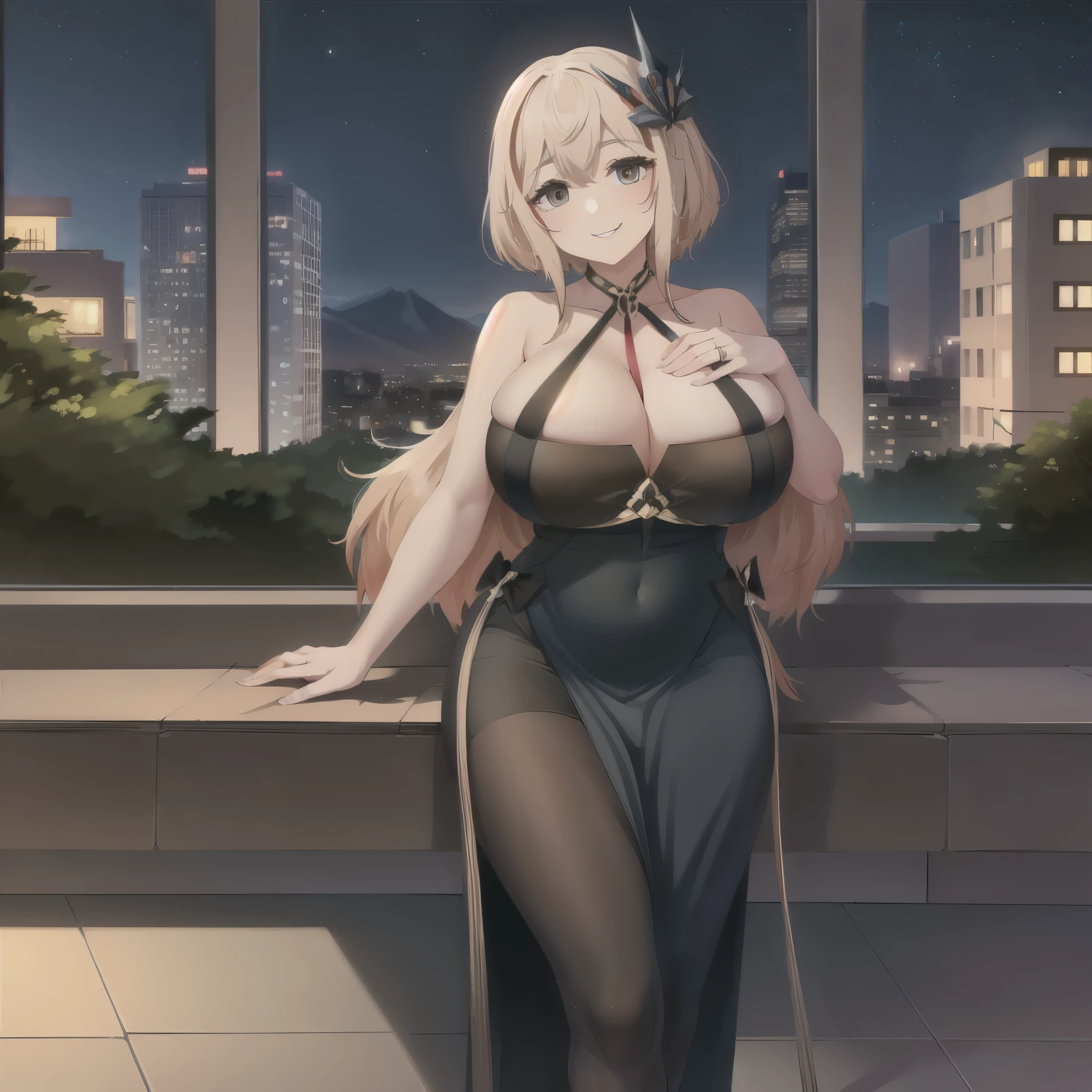 a smiling woman in a german city, Brown eyes, big breast, at night.
