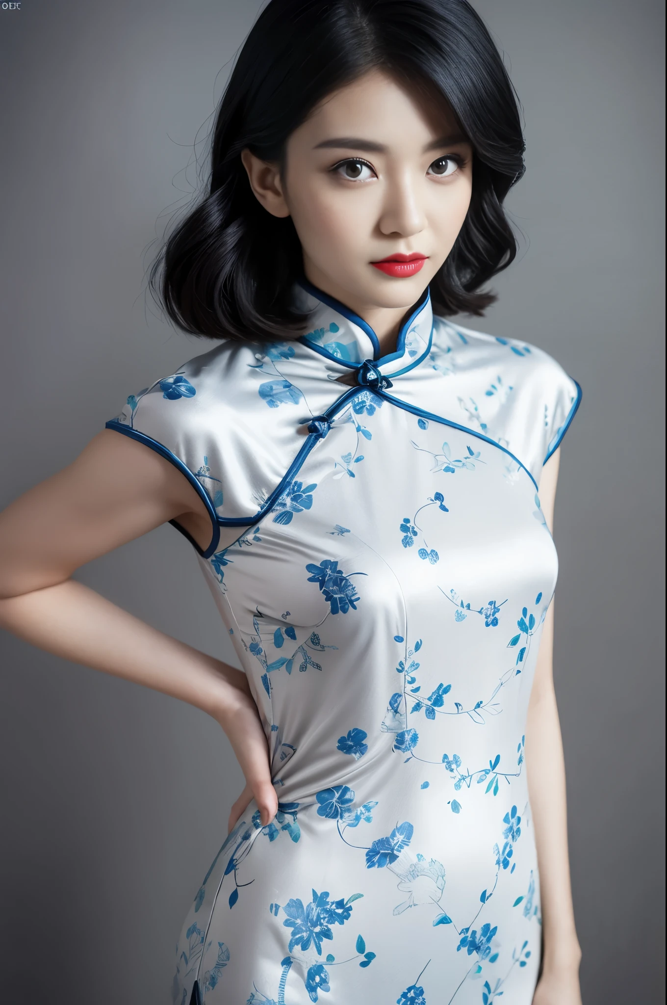 (White printed cheongsam),tight cheongsam,Smart cheongsam,1 girl,stunning beauty,(behind arm:1.1),(realistically:1.7),((best quality)),absurd,(ultra high resolution),(realistically:1.6),realistically,Render by Octane,(surreal:1.2),(Photo-realistic face:1.2),(8k),(4K),(masterpiece),(Realistic skin texture),(Enlightenment,light,wallpaper),(beautiful eyes:1.2),(is a perfect face))),(Lovely),(stand up),(black hair color hair),black eyes,red lips,(Exterior),