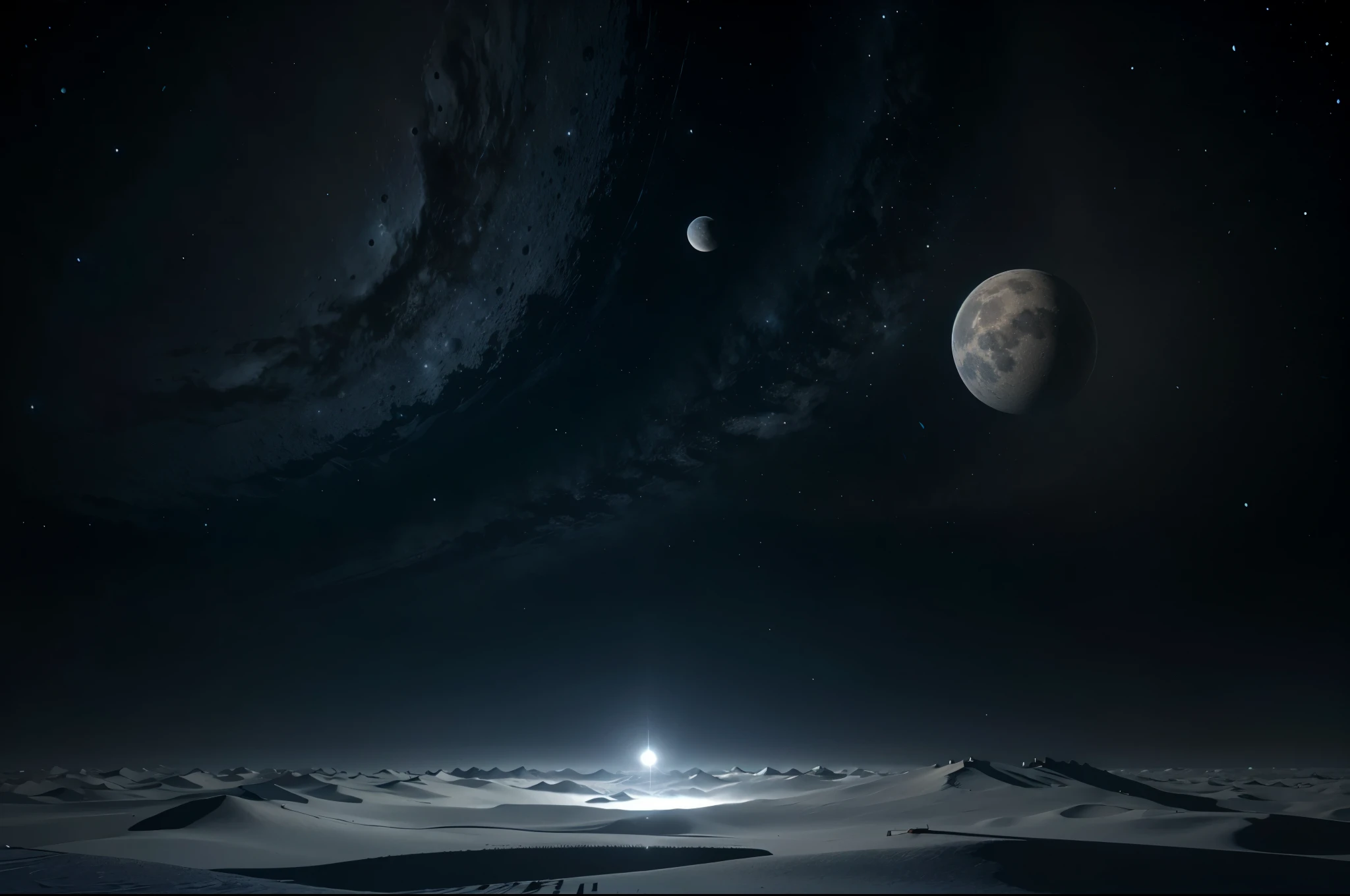 Title: Nine Moons Space Wallpaper Description: Create a unique, stylized wallpaper with a deep navy blue background and nine moons in a space style. Focando nas luas em perspectiva