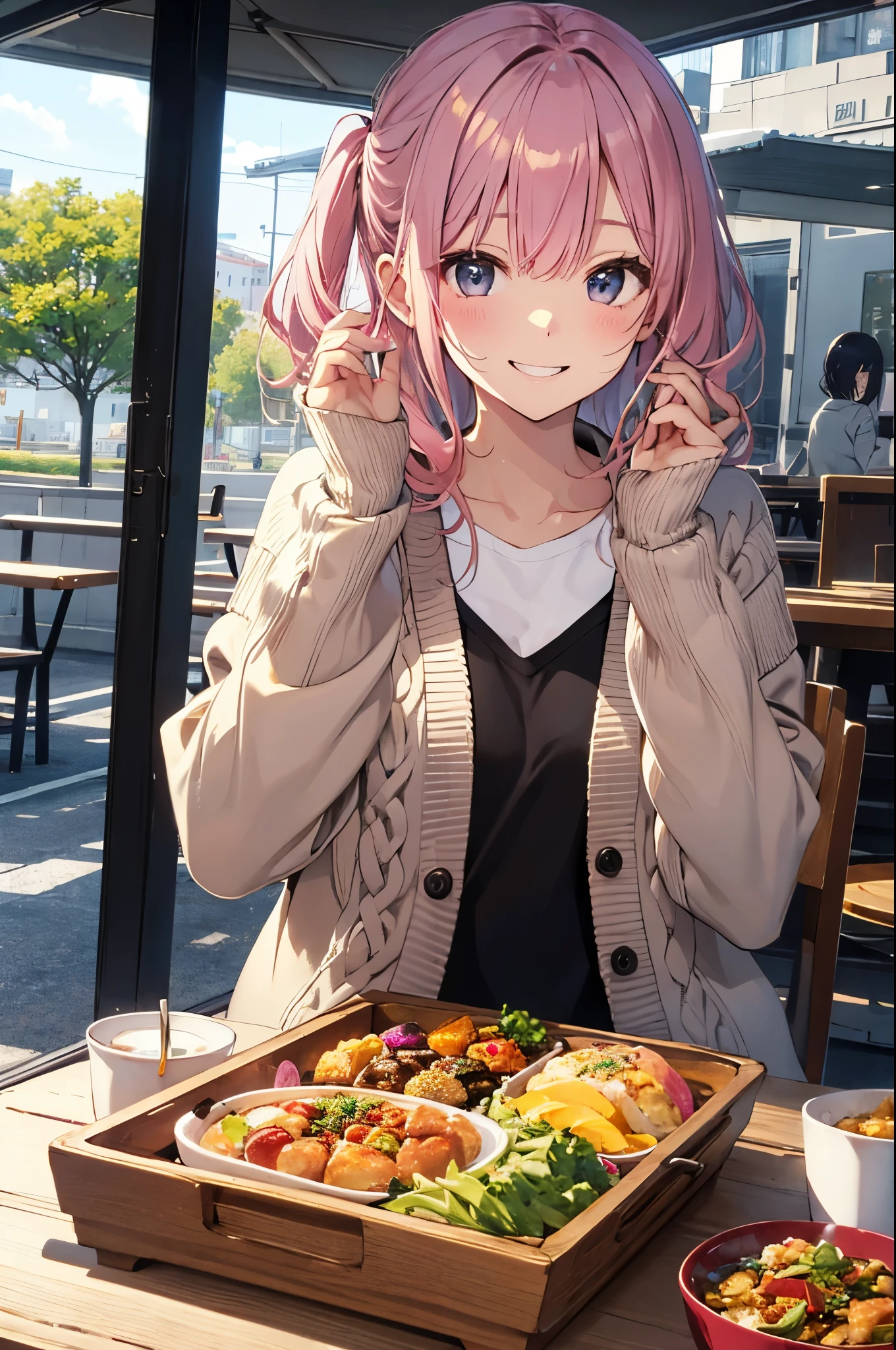 (Pretty sister:1.3)、happy face,spring atmosphere、cardigan、noon、aggressive、hot、おnoonご飯、pink hair