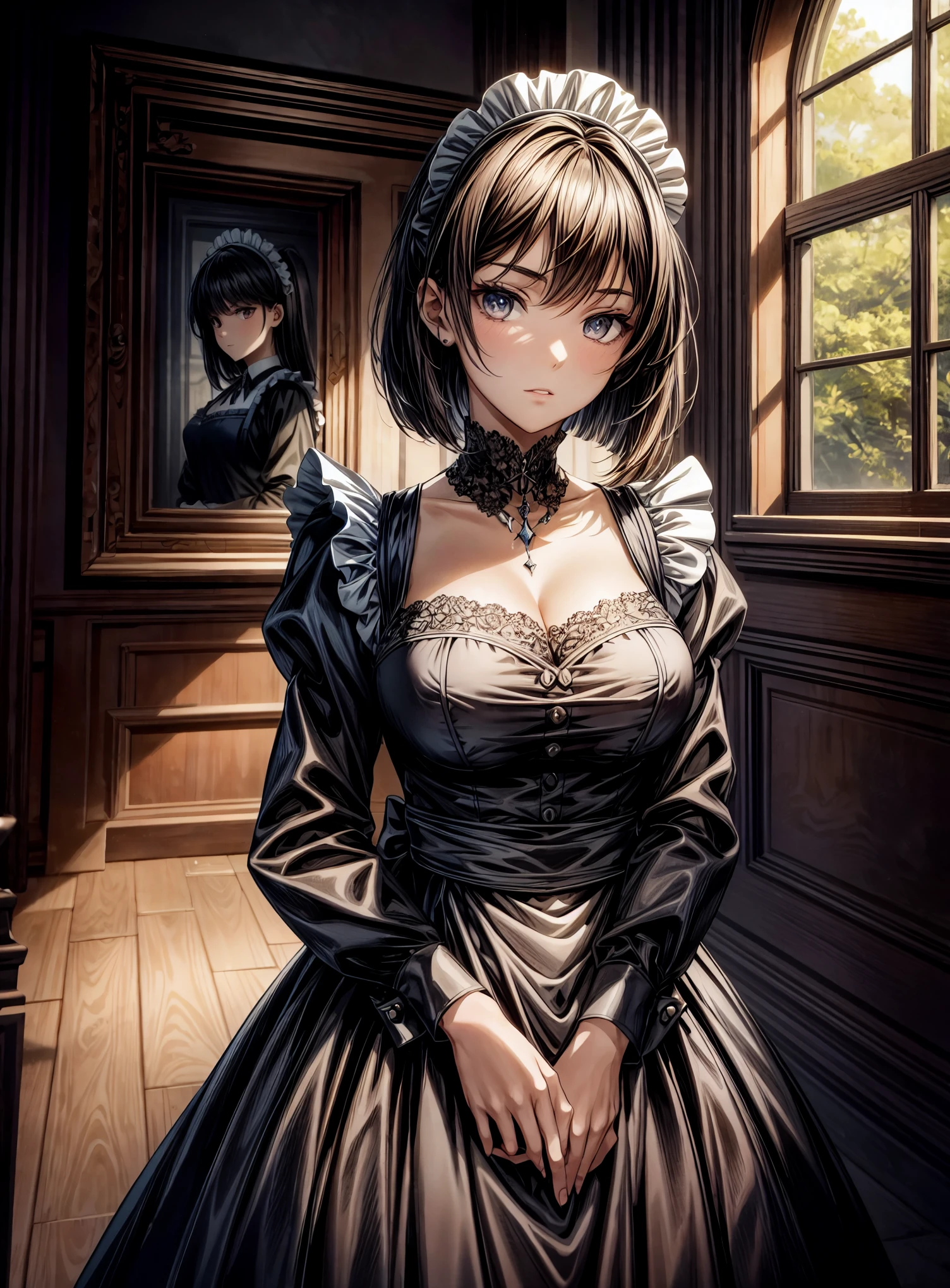 The scene unfolds with a -yeld gi enveloped in a gothic aura, rising majestically before the viewer. ((Her dark hair, cut in a bob style)), frames her pale face, while her dark brown eyes shine with an enigmatic intensity. She is clad in a ((maid uniform):1.3), a choice that amplifies her slender and gloomy figure, highlighting her singular presence. Her posture is firm, conveying an unwavering determination, as if challenging fate itself. ((Full_body):1.5)

The soft light highlights the details of her appearance, revealing every shadow and contour. Every line of her uniform is sharp, every fold captured in ultra-realistic detail. She is positioned in full body, in an anime style that adds a layer of artistic expression to her image. Every feature of her face is precisely delineated, conveying subtle and complex emotions that invite the viewer to delve deeper into her story.

The advanced technology of Unreal Engine 5 brings the scene to life, providing an unparalleled sense of immersion. Every texture is rich in detail, every shadow and reflection contributing to the immersive atmosphere. The visual quality is unmatched, with a 16K resolution that elevates the experience to new levels of realism. Every pixel is loaded with intensity, capturing the essence of the young gothic girl in all her dark glory.

Her dynamic and confident pose conveys a sense of power and mystery, as she gazes at the viewer with a penetrating gaze. Her hands are perfectly rendered, her fingers delicately sculpted in a representation of impeccable technical skill. She is a digital masterpiece, a fusion of beauty and darkness that captivates and fascinates.

In this masterful representation, the 16-year-o go girl stands out as a symbol of individuality and authenticity. Her presence fills the screen with captivating energy, inviting the viewer to lose themselves in her world of mystery and intrigue. 