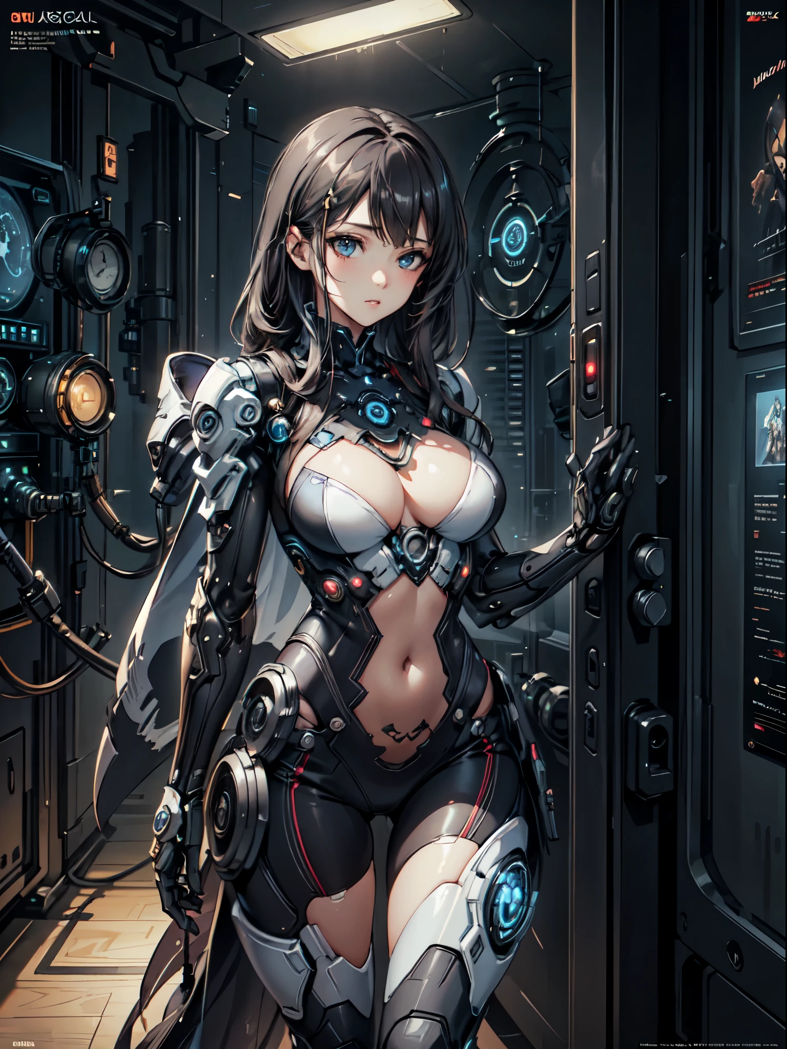 Comic magazine cover, cute girl:1.2, technical clothing, mechanical, cable, gear, lock up, Fractal, art station, CG settings, carlos melia art