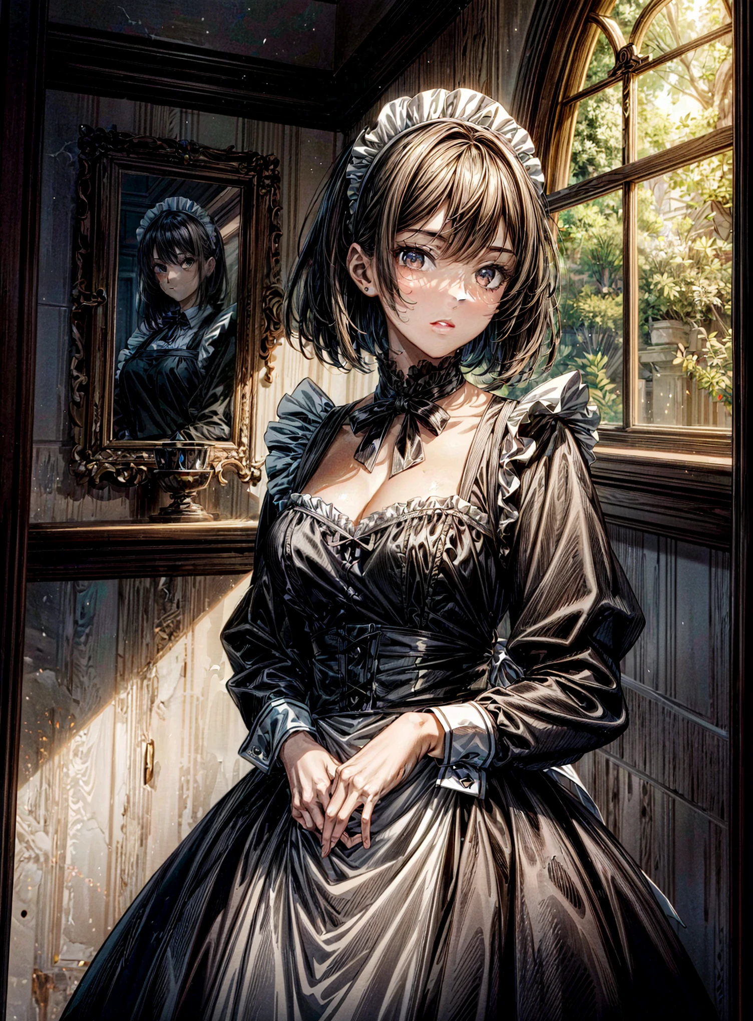 The scene unfolds with a -yeld gi enveloped in a gothic aura, rising majestically before the viewer. ((Her dark hair, cut in a bob style)), frames her pale face, while her dark brown eyes shine with an enigmatic intensity. She is clad in a ((maid uniform):1.3), a choice that amplifies her slender and gloomy figure, highlighting her singular presence. Her posture is firm, conveying an unwavering determination, as if challenging fate itself. ((Full_body):1.5)

The soft light highlights the details of her appearance, revealing every shadow and contour. Every line of her uniform is sharp, every fold captured in ultra-realistic detail. She is positioned in full body, in an anime style that adds a layer of artistic expression to her image. Every feature of her face is precisely delineated, conveying subtle and complex emotions that invite the viewer to delve deeper into her story.

The advanced technology of Unreal Engine 5 brings the scene to life, providing an unparalleled sense of immersion. Every texture is rich in detail, every shadow and reflection contributing to the immersive atmosphere. The visual quality is unmatched, with a 16K resolution that elevates the experience to new levels of realism. Every pixel is loaded with intensity, capturing the essence of the young gothic girl in all her dark glory.

Her dynamic and confident pose conveys a sense of power and mystery, as she gazes at the viewer with a penetrating gaze. Her hands are perfectly rendered, her fingers delicately sculpted in a representation of impeccable technical skill. She is a digital masterpiece, a fusion of beauty and darkness that captivates and fascinates.

In this masterful representation, the 16-year-o go girl stands out as a symbol of individuality and authenticity. Her presence fills the screen with captivating energy, inviting the viewer to lose themselves in her world of mystery and intrigue. 