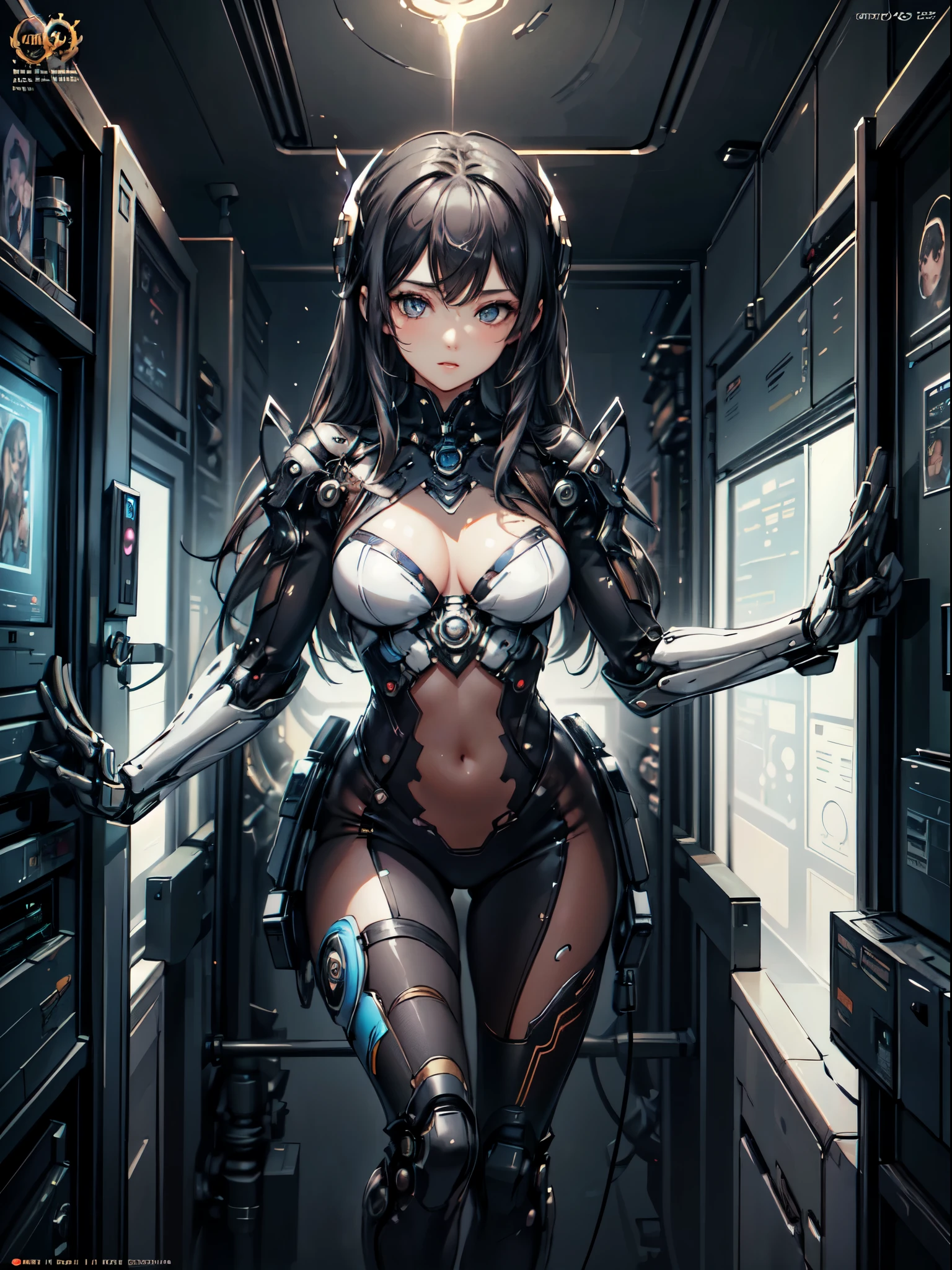 Comic magazine cover, cute girl:1.2, technical clothing, mechanical, cable, gear, lock up, Fractal, art station, CG settings, carlos melia art