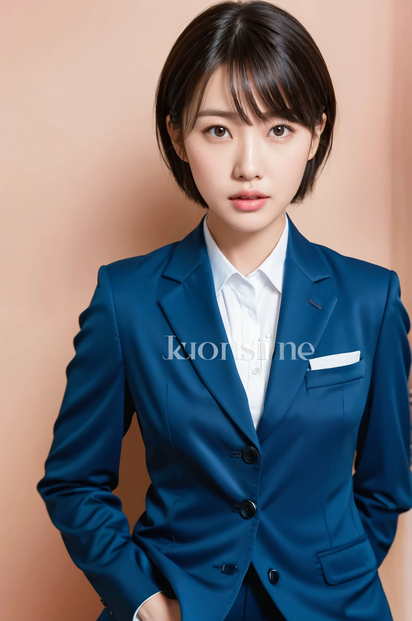 Japanese beautiful woman,Super fine致的皮肤,Super fine,Check,brown eyes,tearful eyes,high detail,(Short hair with bangs:1.2),(Realism:1.4),(Top image quality:2.0),(ultra high resolution:1.0), (​Masterpiece:1.5),(pure face:1.5),big eyes,dynamic lighting,Bright pink and shimmery lipstick,beautiful skin，Fair and translucent,business suit,Slacks,20 years old,Squatting,sexy pose,Beautiful body lines,