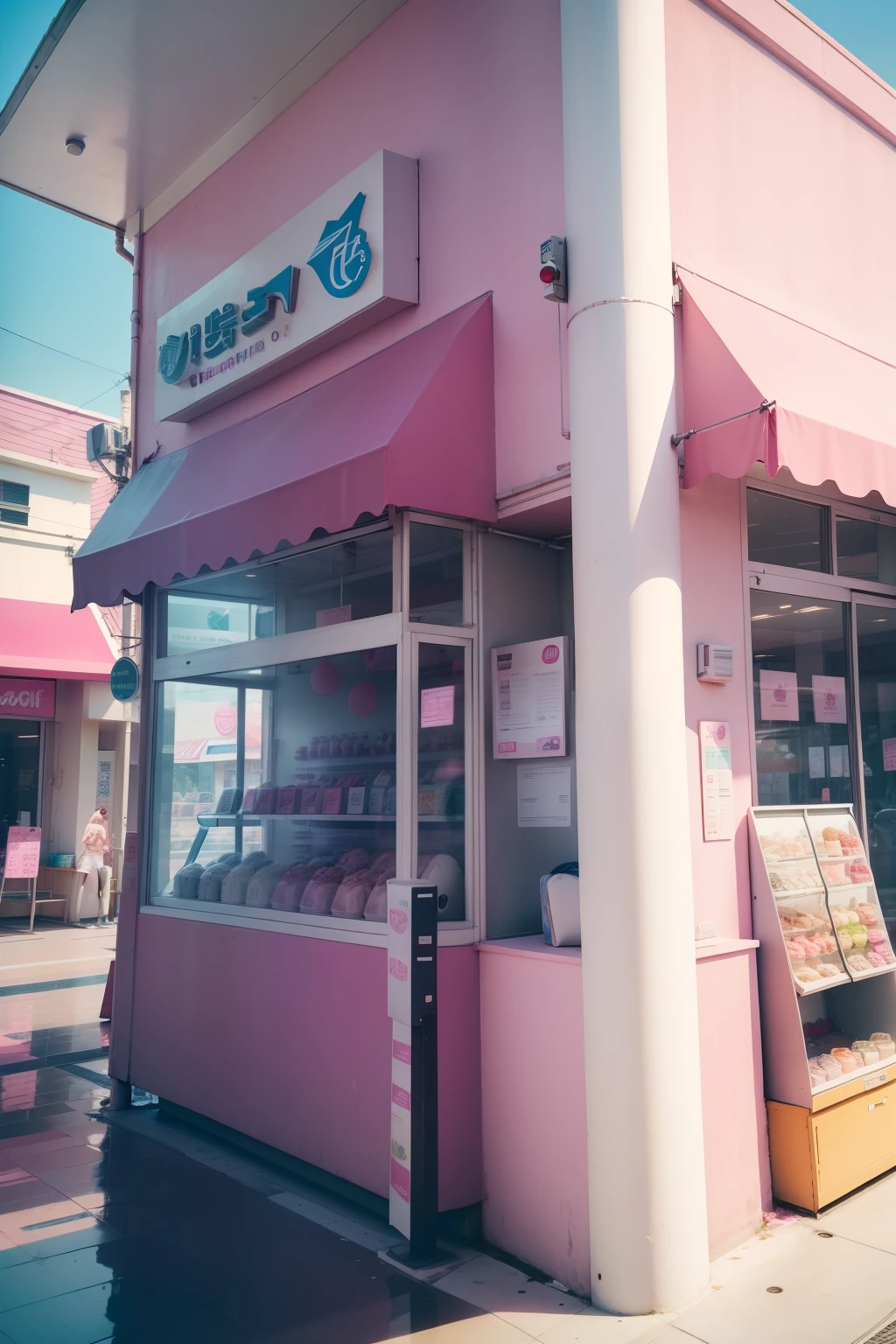 ice cream shop, pink color wall, beside view, relastic photo, good quality, in shopping mall