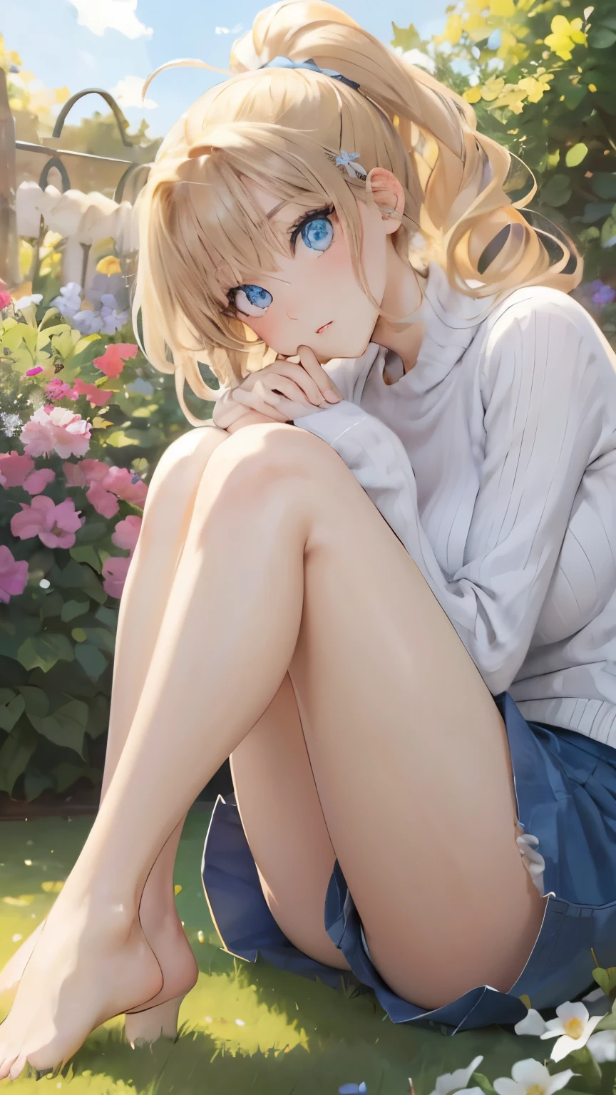 (masterpiece:1.2), (highest quality:1.2),, Curvy but slender body, perfect eyes, perfect face, perfect lighting, 1 girl, in the garden, （sweater），（I can see your feet），（sexy），（shorts），（glasses），（ponytail），curly hair, fine clothes, detailed outdoor background, compensate, eye shadow, thick eyelashes, fantasy, looking at the viewer, whole body，alice in wonderland、blue sky、Bright and very beautiful face、young shiny glossy white shiny skin、the best beauty、the most beautiful bright blonde hair in the world、thin hair、long hair、Shining beautiful bangs、Glowing crystal clear big blue eyes、Very beautiful and lovely 18 years old, the most beautiful girl in the world、small breasts