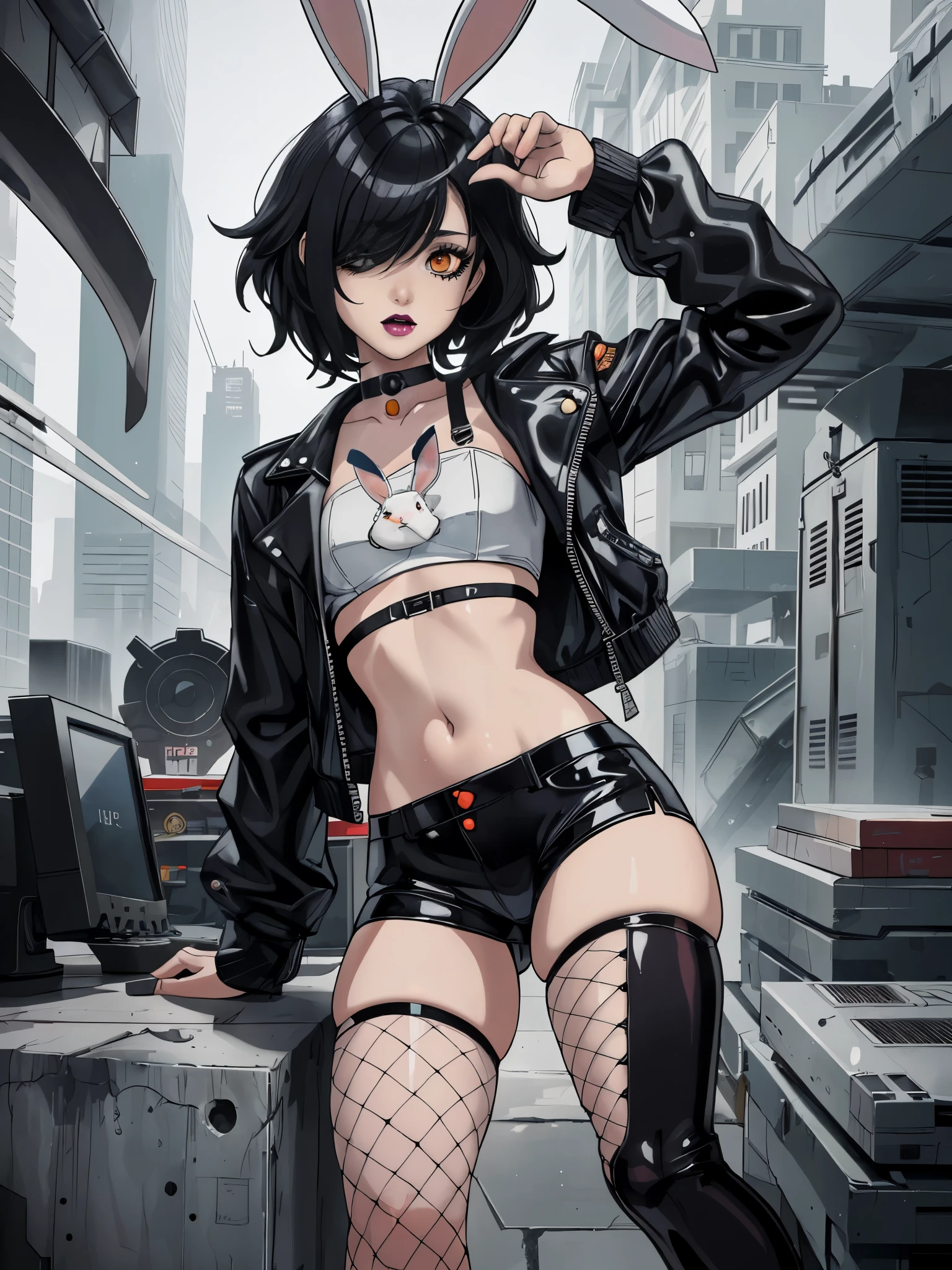 ((White bunny ears)):2, bunny ears on head, black hair, blend in with character