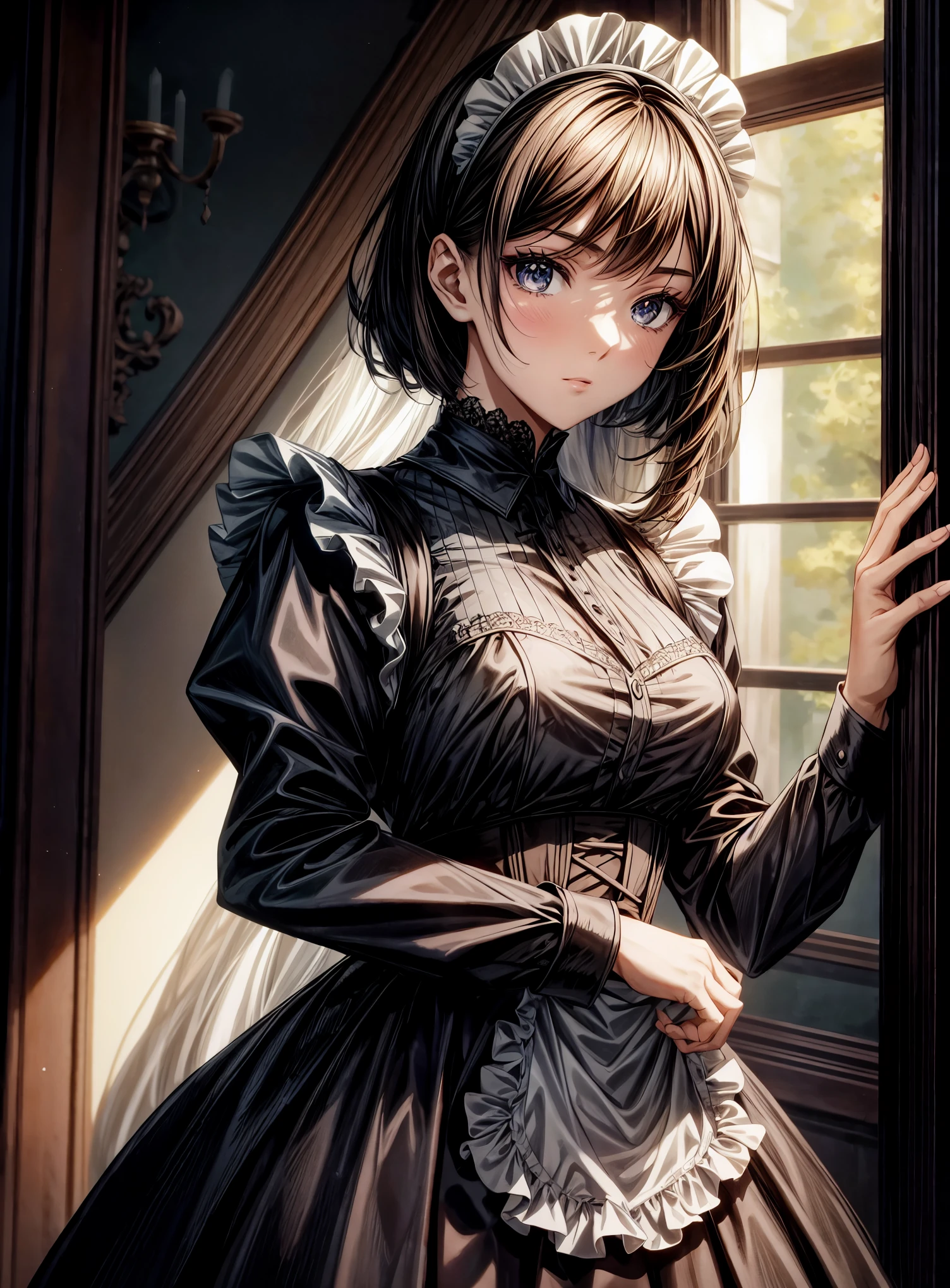 The scene unfolds with a ****************, enveloped in a gothic aura, rising majestically before the viewer. ((Her dark hair, cut in a bob style)), frames her pale face, while her dark brown eyes shine with an enigmatic intensity. She is clad in a ((maid uniform):1.3), a choice that amplifies her slender and gloomy figure, highlighting her singular presence. Her posture is firm, conveying an unwavering determination, as if challenging fate itself. ((Full_body):1.5)

The soft light highlights the details of her appearance, revealing every shadow and contour. Every line of her uniform is sharp, every fold captured in ultra-realistic detail. She is positioned in full body, in an anime style that adds a layer of artistic expression to her image. Every feature of her face is precisely delineated, conveying subtle and complex emotions that invite the viewer to delve deeper into her story.

The advanced technology of Unreal Engine 5 brings the scene to life, providing an unparalleled sense of immersion. Every texture is rich in detail, every shadow and reflection contributing to the immersive atmosphere. The visual quality is unmatched, with a 16K resolution that elevates the experience to new levels of realism. Every pixel is loaded with intensity, capturing the essence of the young gothic girl in all her dark glory.

Her dynamic and confident pose conveys a sense of power and mystery, as she gazes at the viewer with a penetrating gaze. Her hands are perfectly rendered, her fingers delicately sculpted in a representation of impeccable technical skill. She is a digital masterpiece, a fusion of beauty and darkness that captivates and fascinates.

In this masterful representation, the 16-year-old gothic girl stands out as a symbol of individuality and authenticity. Her presence fills the screen with captivating energy, inviting the viewer to lose themselves in her world of mystery and intrigue. 