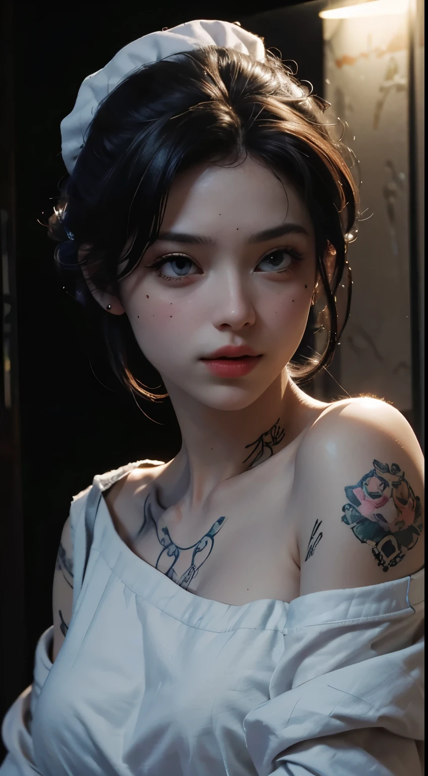 best quality, chef-d&#39;artwork, ultra high resolution, (photorealistic:1.4), Photo brute, 1fille, off shoulder, cinema lighting, Wicked girl, froide, percing visage, tatouage, cigarette a la bouche, cheveux noir