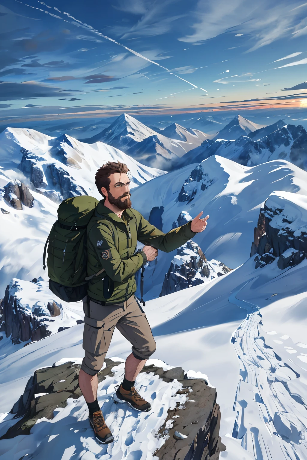 Masterpiece, one person, solo, hiker, wearing trekking shoes and a khaki jacket, standing atop a mountain peak, gazing at the breathtaking view. Mountain range in the background, sun setting, ultra-detailed, realistic, dynamic light and shadow, high resolution, sharp focus, depth of field, fine eyes with expressive irises and pupils, (beard: optional), (backpack: present), rugged and determined expression, wilderness, adventure, serene atmosphere, mountain breeze, captured in 8k.