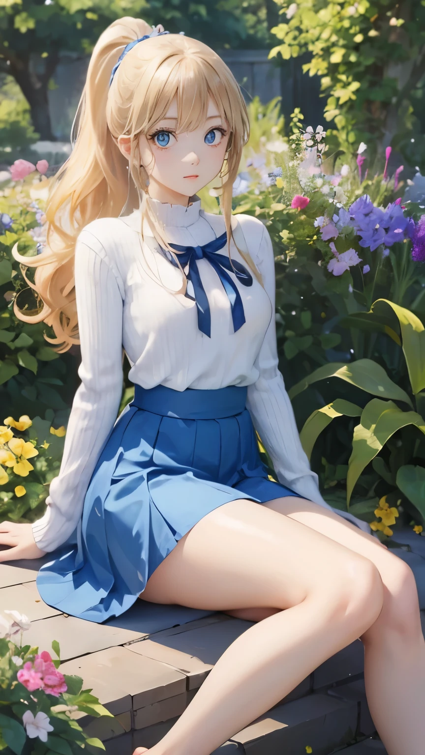(masterpiece:1.2), (highest quality:1.2),, Curvy but slender body, perfect eyes, perfect face, perfect lighting, 1 girl, in the garden, （sweater），（I can see your feet），（sexy），（skirt），（（Glasses）），（ponytail），curly hair, fine clothes, detailed outdoor background, compensate, eye shadow, thick eyelashes, fantasy, looking at the viewer, whole body，alice in wonderland、blue sky、Bright and very beautiful face、young shiny glossy white shiny skin、the best beauty、the most beautiful bright blonde hair in the world、thin hair、long hair、Shining beautiful bangs、Glowing crystal clear big blue eyes、Very beautiful and lovely 18 years old, the most beautiful girl in the world、small breasts