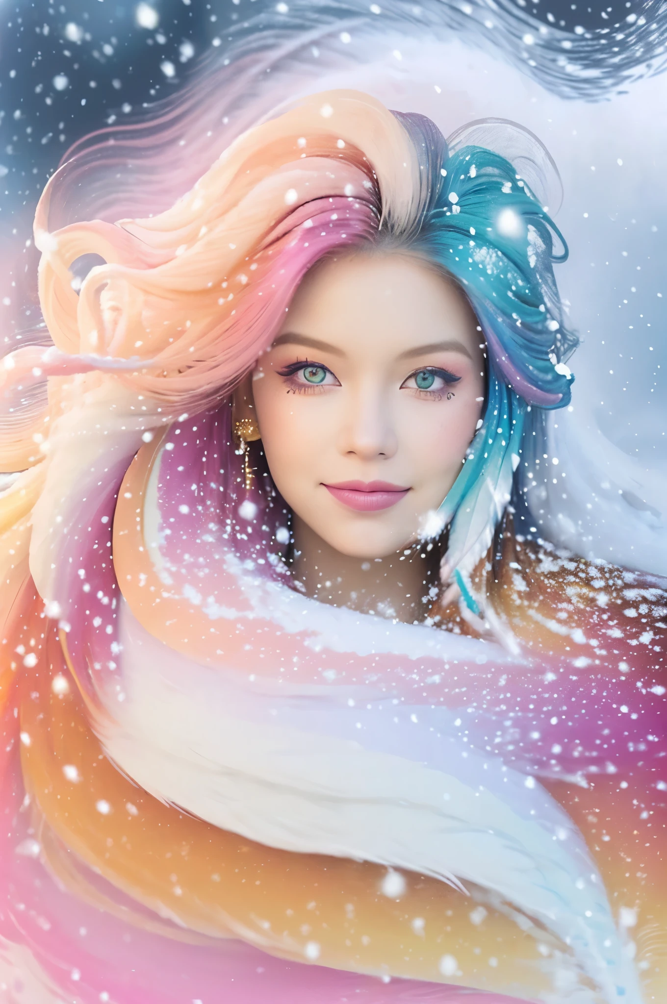 1 girl,motorcycle friends,masterpiece,best quality,1 girl,Smile,Golden and orange swirling swirls of colorful cloudy smoke and colorful background,(snow) (( Swirl swirl colorful hair)),Wearing a white fur coat,((long hair)),((right)),emotional face,close up,studio light,studio,(((makeup portrait, pink eyeshadow))),((Lots of gold and orange swirls on the face,Colorful snow and feathers)),