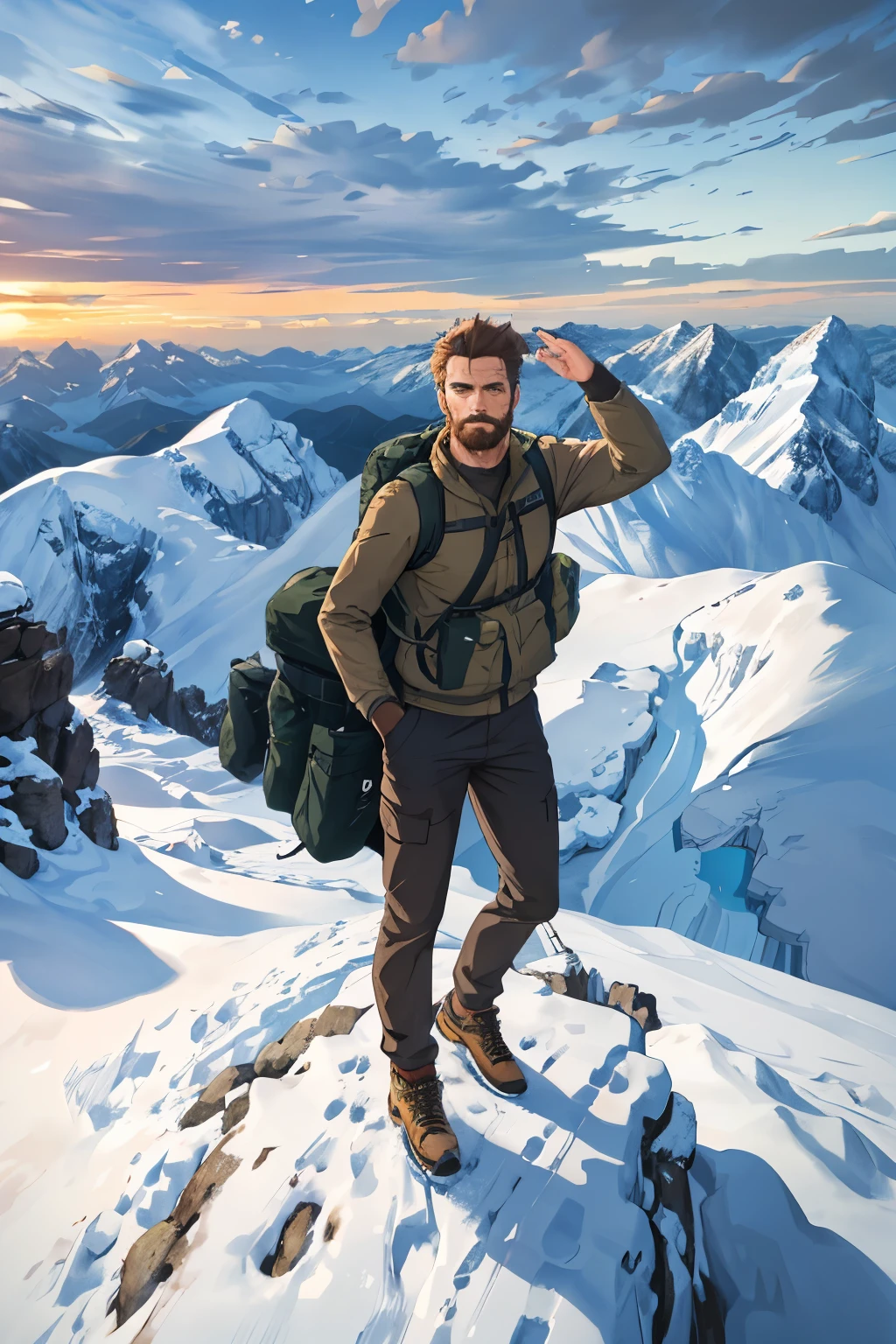 Masterpiece, one person, solo, hiker, wearing trekking shoes and a khaki jacket, standing atop a mountain peak, gazing at the breathtaking view. Mountain range in the background, sun setting, ultra-detailed, realistic, dynamic light and shadow, high resolution, sharp focus, depth of field, fine eyes with expressive irises and pupils, (beard: optional), (backpack: present), rugged and determined expression, wilderness, adventure, serene atmosphere, mountain breeze, captured in 8k.