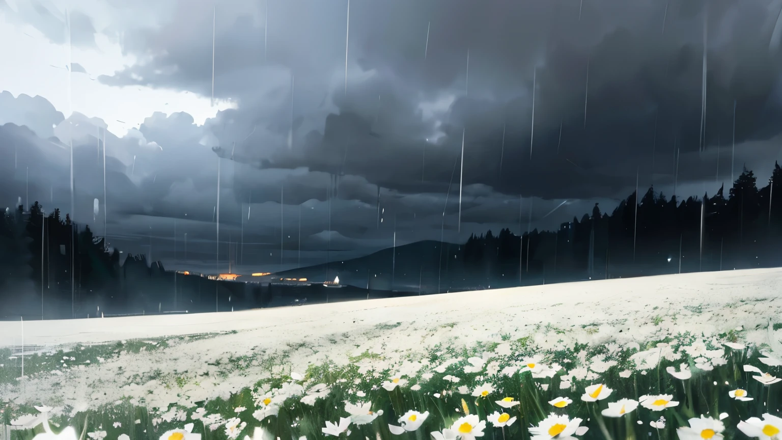 Beautiful field of white flowers, with a dark and overcast sky, highly detailed, masterpiece, rainy