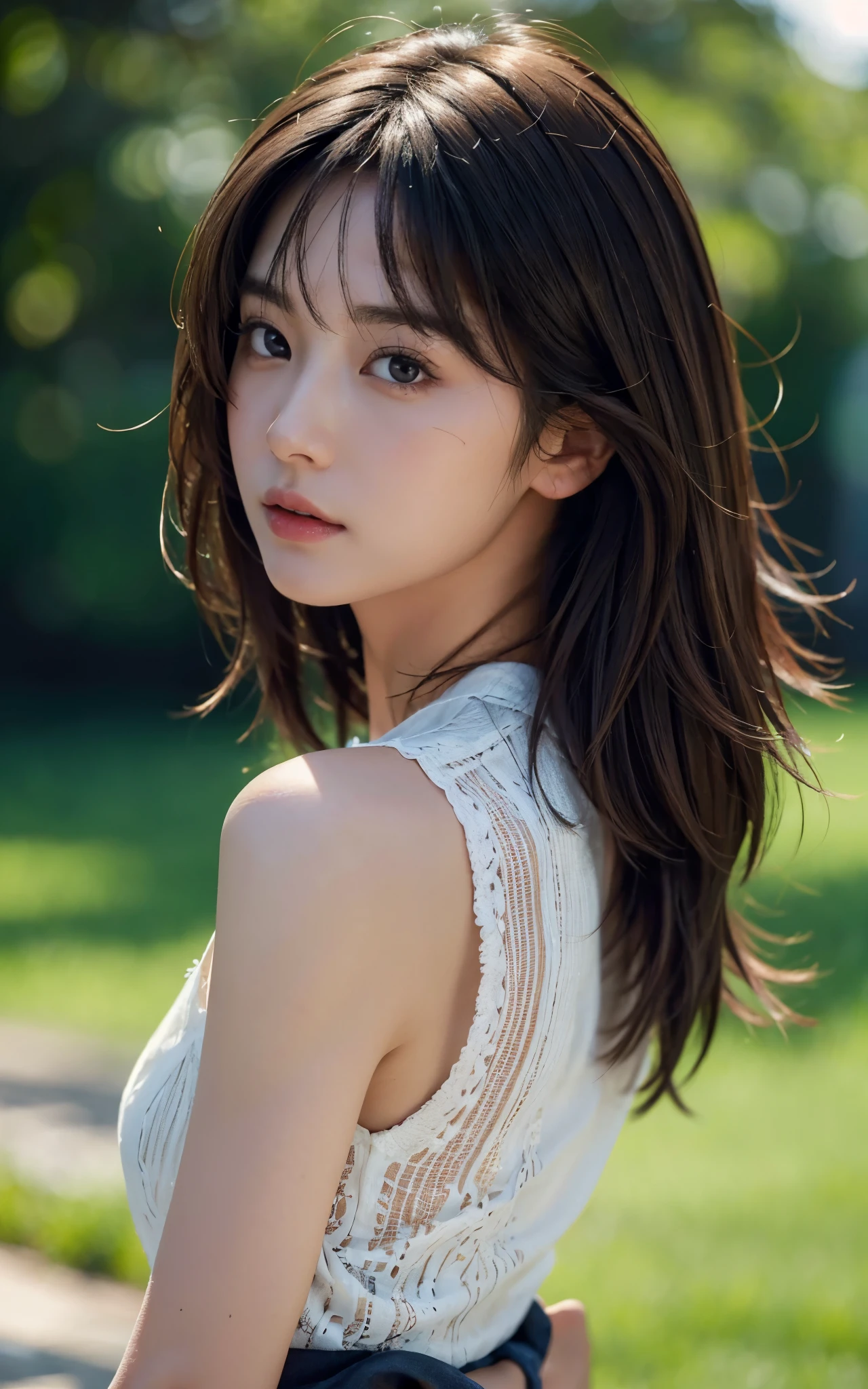 masterpiece, best picture quality, high quality, beautiful japanese girl, Lovely, Gravure Idol Picture, detailed, detailed eyes, detailed skin, beautiful skin, 超high resolution, (Reality: 1.4),very beautiful, The face is slightly younger, beautiful skin, thin and long, (超Reality), (high resolution), (8k), (very detailed) (beautifully detailed eyes), (super detailed), (wallpaper), (detailed face), looking at the audience, Exquisite details, detailed face, sad, Sexy, Vest, Pants, look straight ahead, look straight ahead, From the waist up, Realistic photos, bright lights, professional lighting, mature woman, (brown hair, bob hair, layered cutting, swaying in the wind, Bangs),