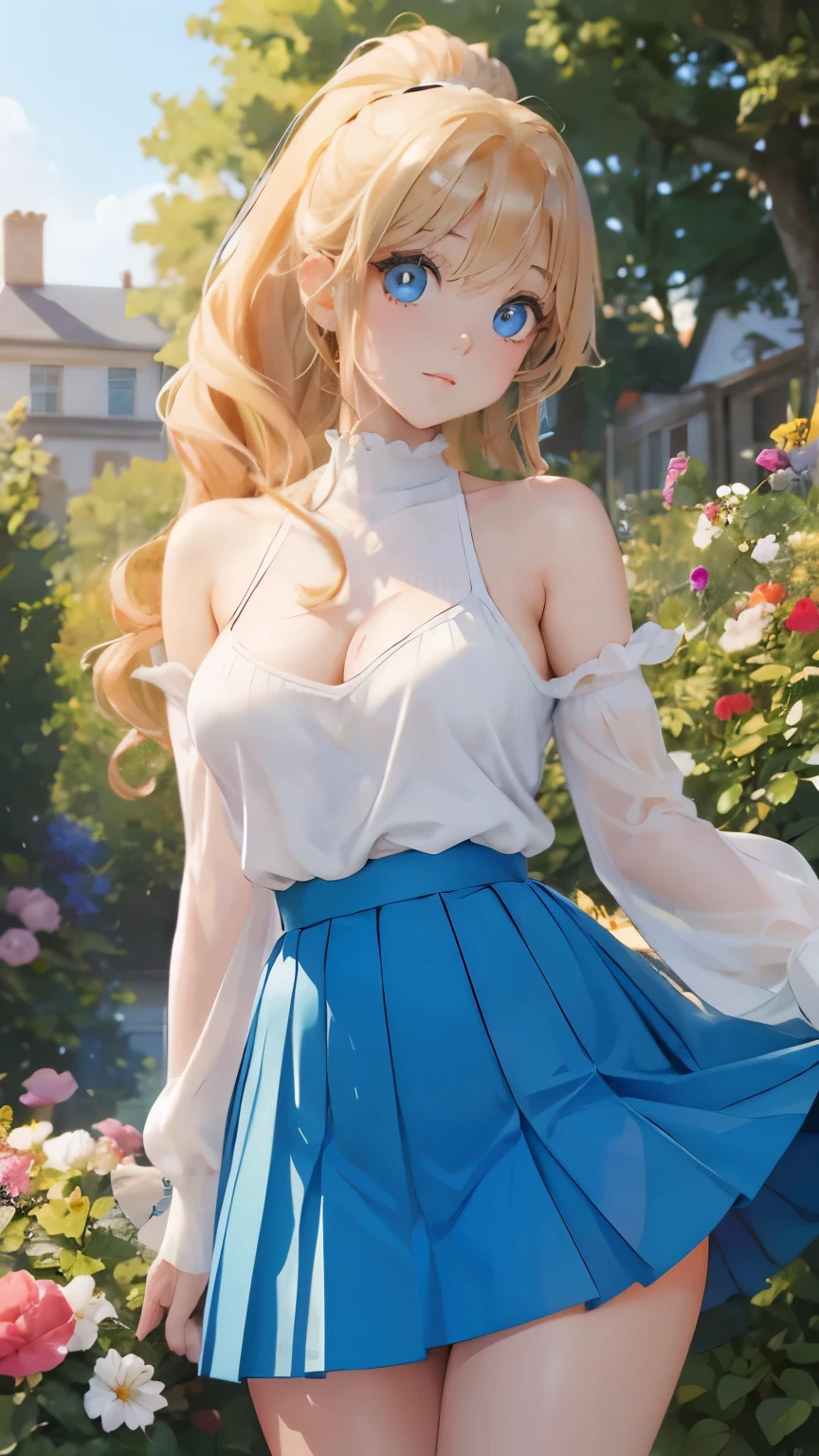 (masterpiece:1.2), (highest quality:1.2),, Curvy but slender body, perfect eyes, perfect face, perfect lighting, 1 girl, in the garden, （sweater），（whole bodyが見える），（sexy），（skirt），（sunglasses），（ponytail），curly hair, fine clothes, detailed outdoor background, compensate, eye shadow, thick eyelashes, fantasy, looking at the viewer, whole body，alice in wonderland、blue sky、Bright and very beautiful face、young shiny glossy white shiny skin、the best beauty、the most beautiful bright blonde hair in the world、thin hair、long hair、Shining beautiful bangs、Glowing crystal clear big blue eyes、Very beautiful and lovely 18 years old, the most beautiful girl in the world、small breasts