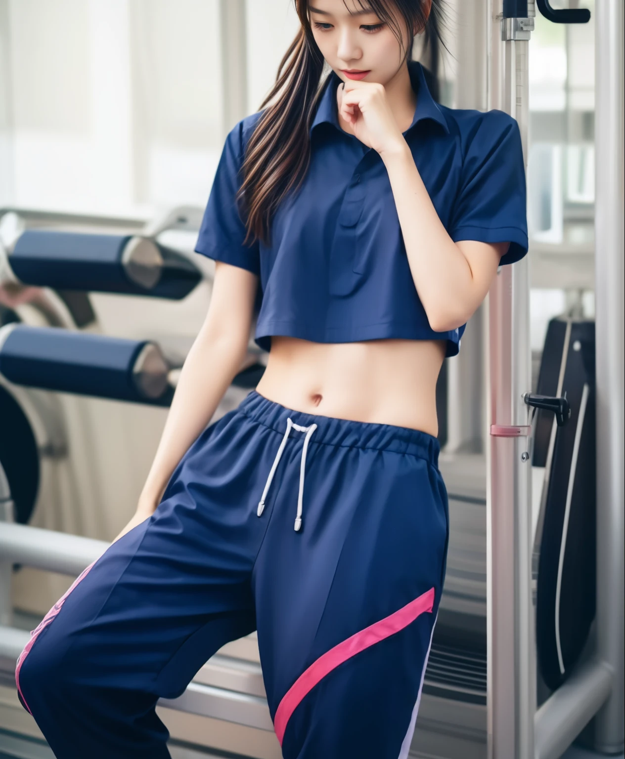 3 girls in fitness center, Navy blue short-sleeved shirt,Navy Long Trackpant,Sweatpants, Sweatpantsขายาว,25 year old girl, lesbian, sexy, exercise clothes, wet body, exercise clothes