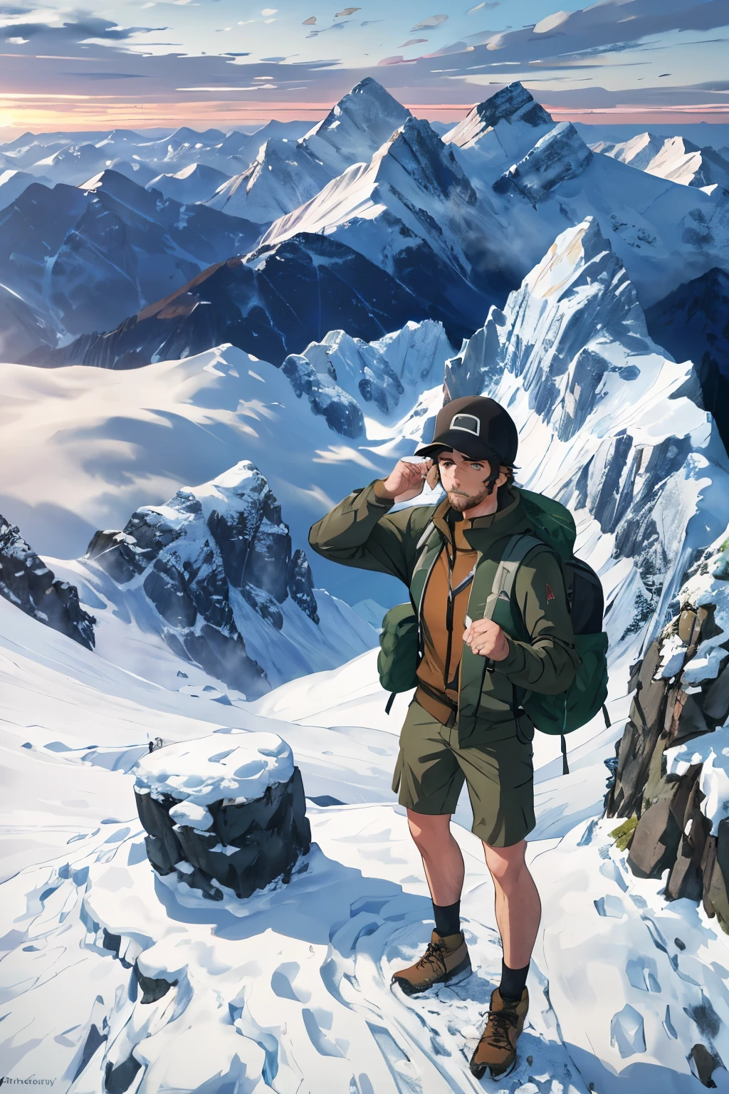 Masterpiece, one person, solo, hiker, wearing trekking shoes and a khaki jacket, standing atop a mountain peak, gazing at the breathtaking view. Mountain range in the background, sun setting, ultra-detailed, realistic, dynamic light and shadow, high resolution, sharp focus, depth of field, fine eyes with expressive irises and pupils, (beard: optional), (backpack: present), rugged and determined expression, wilderness, adventure, serene atmosphere, mountain breeze, captured in 8k.