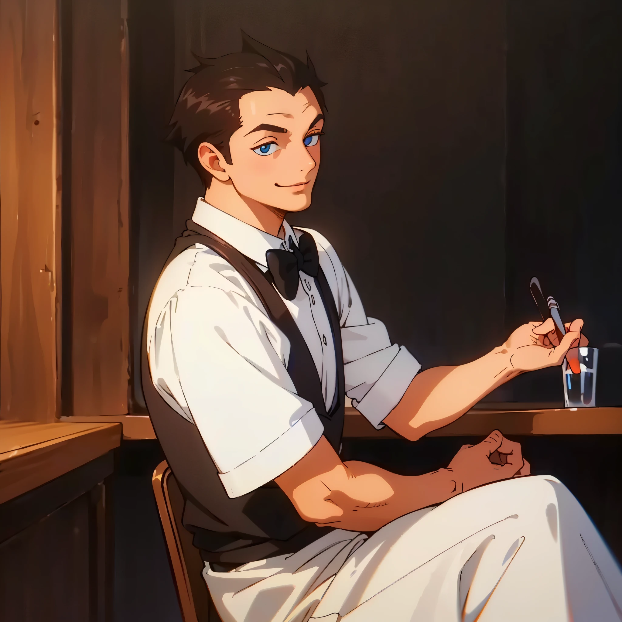 (best quality,ultra-detailed,realistic,highres:1.2),young waiter with straightened flags,illustration,dark background,crisp white shirt,professional,confident,smiling,black bowtie,long black apron,black trousers,classic leather shoes,well-groomed hair,modern cafe setting,clean and tidy counter,shiny stainless steel espresso machine,blurred customers in the background,soft warm lighting,vivid colors,depth of field focus on the waiter,artistic oil painting style,subtle brush strokes,emphasizing the waiter's facial features,striking blue eyes,sharp nose,rosy lips.
