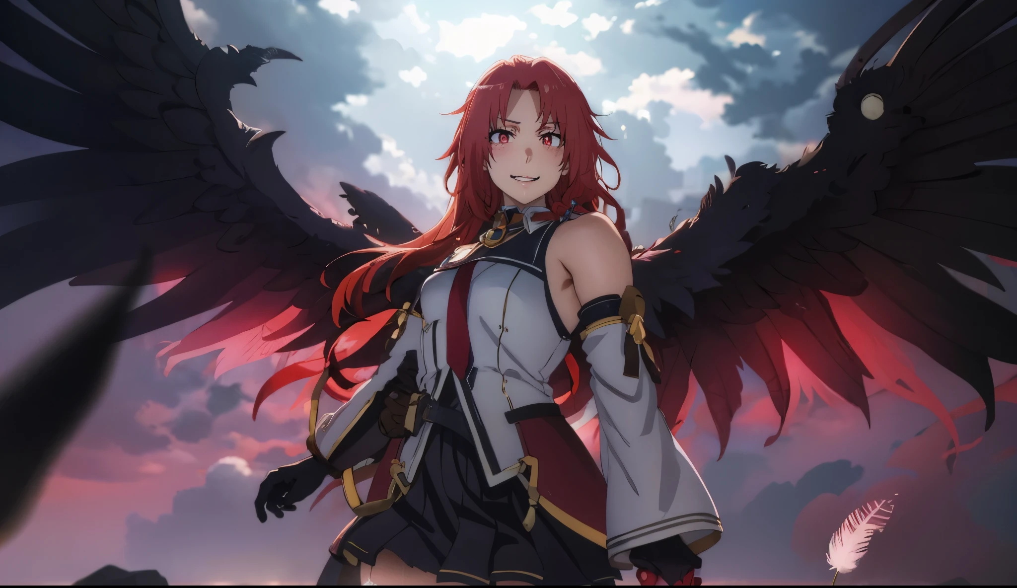 Iris, red hair, long hair, braid, red eyes,, heavy breathing, 1girl, solo, breasts, wings,  gloves, looking_at_viewer, skirt, dress, medium_breasts, sleeveless, black_wings, bare_shoulders, black_skirt, cowboy_shot, pleated_skirt, elbow_gloves, detached_sleeves, armpits, hair_ornament, feathers, parted_lips, standing, outdoors, black_gloves, sky, glow effects, godrays, Hand drawn, render, 8k, octane render, cinema 4d, blender, dark, atmospheric 4k ultra detailed, cinematic, Sharp focus, big depth of field, Masterpiece, colors, 3d octane render, 4k, concept art, trending on artstation, hyperrealistic, Vivid colors, extremely detailed CG unity 8k wallpaper, trending on CGSociety, Intricate, High Detail, dramatic"", (anime coloring, anime screencap:1.4)