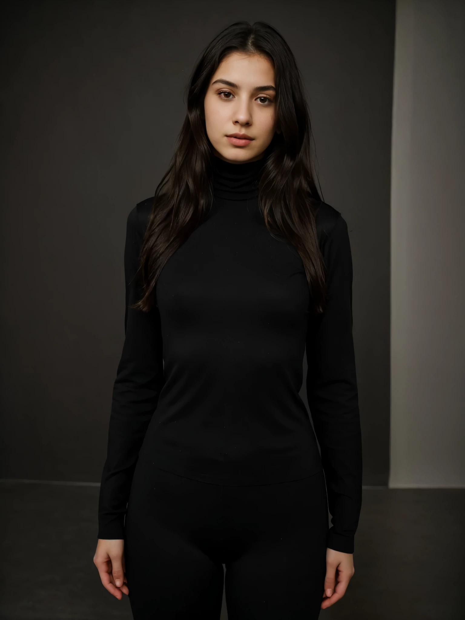 analog raw candid photo of a beautiful young Greek woman, realistic skin texture, black long wavy hair, slim, (closed mouth:1.1), black turtleneck shirt, studio lighting, studio portrait, 35mm, perfect proportion, full body portrait, dynamic pose