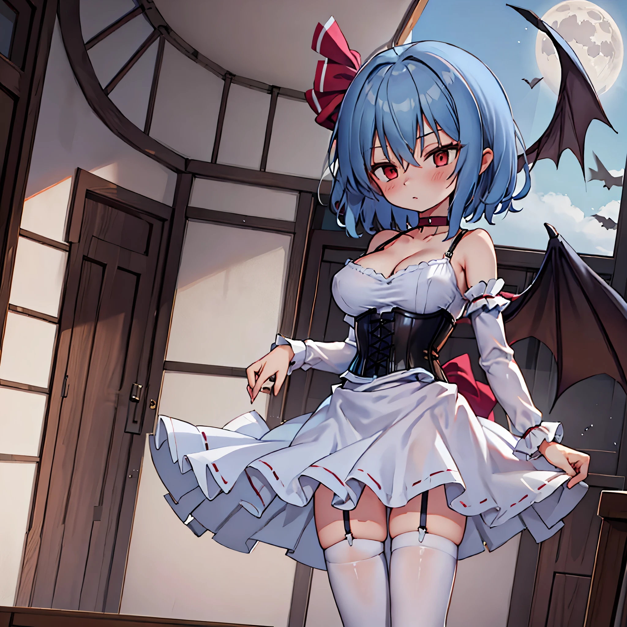 (Remilia toho character), (solo:1.2), (standing on the deck of mansion:1.1), a full moon, midnight, BREAK, short hair, collarbone, (emphasize very perky large breasts:1.1), (emphasize cleavage:1.2), (inconceivably thin waist:1.3), (very short thin torso:1.2), very long (thin legs), emphasize thigh gap, BREAK, (short sheer white dress), shoulder straps, (brown inconceivably wiry corset cinches waist too tight:1.5), frilled (too short white miniskirt), (light blue thighhighs), BREAK, nose blush