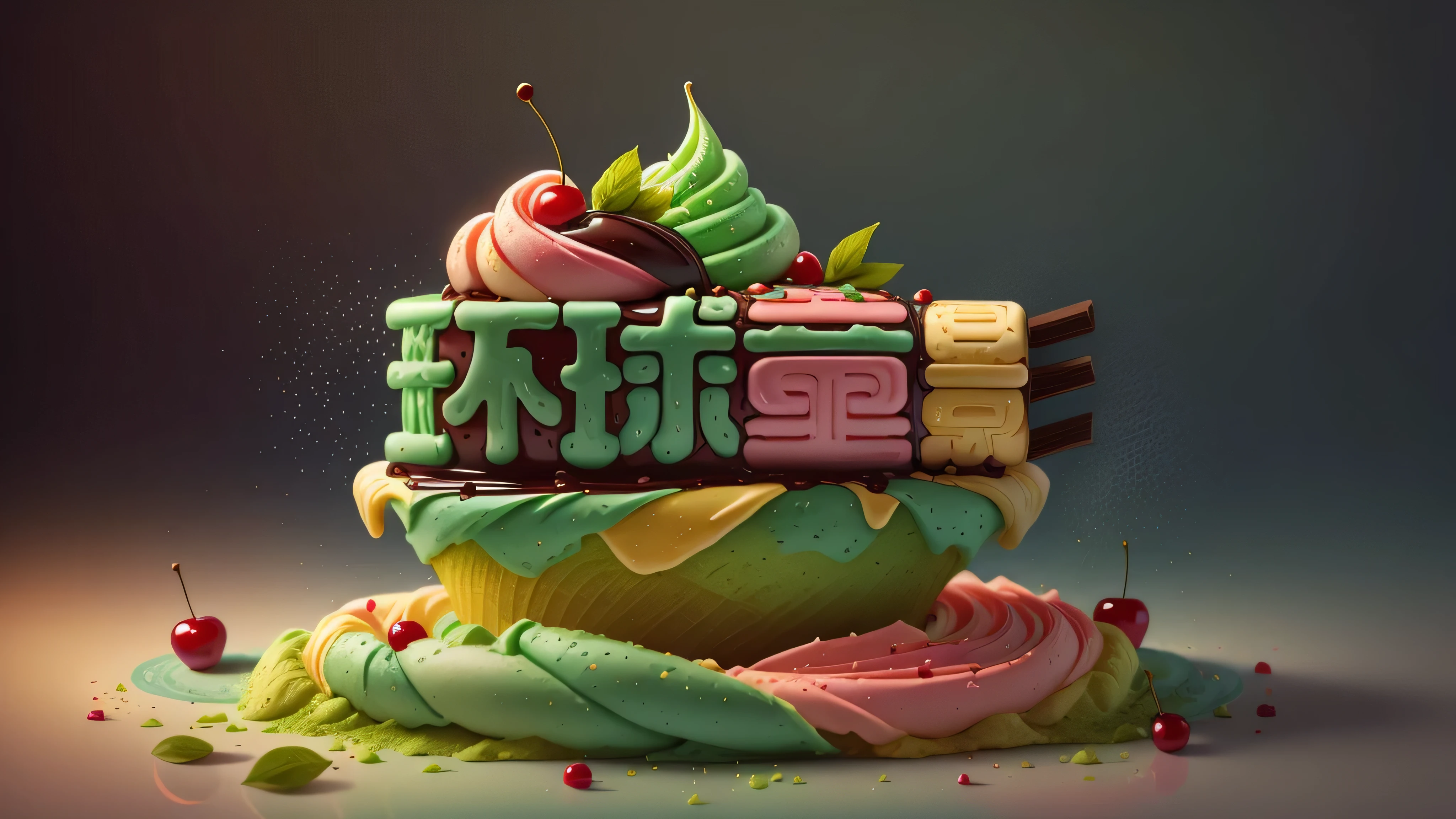 Matcha Ice Cream Cone,Top with dark chocolate sauce,soft,delicious, panoramic,Vibrant green background,Realistic and detailed images,Ultra-clear,best quality,Food wallpaper,cherry