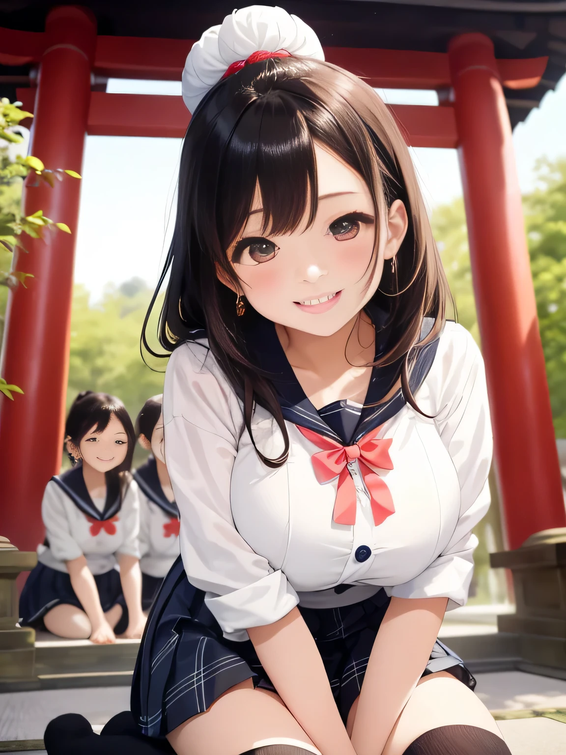 highest quality、detailed background、beautiful and detailed face、beautiful and smooth skin、skin texture、professional lighting、beautiful teenage girl、((three women))、cute hairstyle、(big breasts:1.2)、
sailor suit、plaid pleated mini skirt、knee high socks、playfully hug each other、Play around, laugh and have fun、smile、panty shot、sexual expression、show one'~ side、show me your pants、
Visit traditional Japanese temples and shrines、at the entrance, cleanse your hands、worship and pray.、Participate in the unique customs of shrines and temples, Write your wishes on votive tablets that draw fortunes, etc..