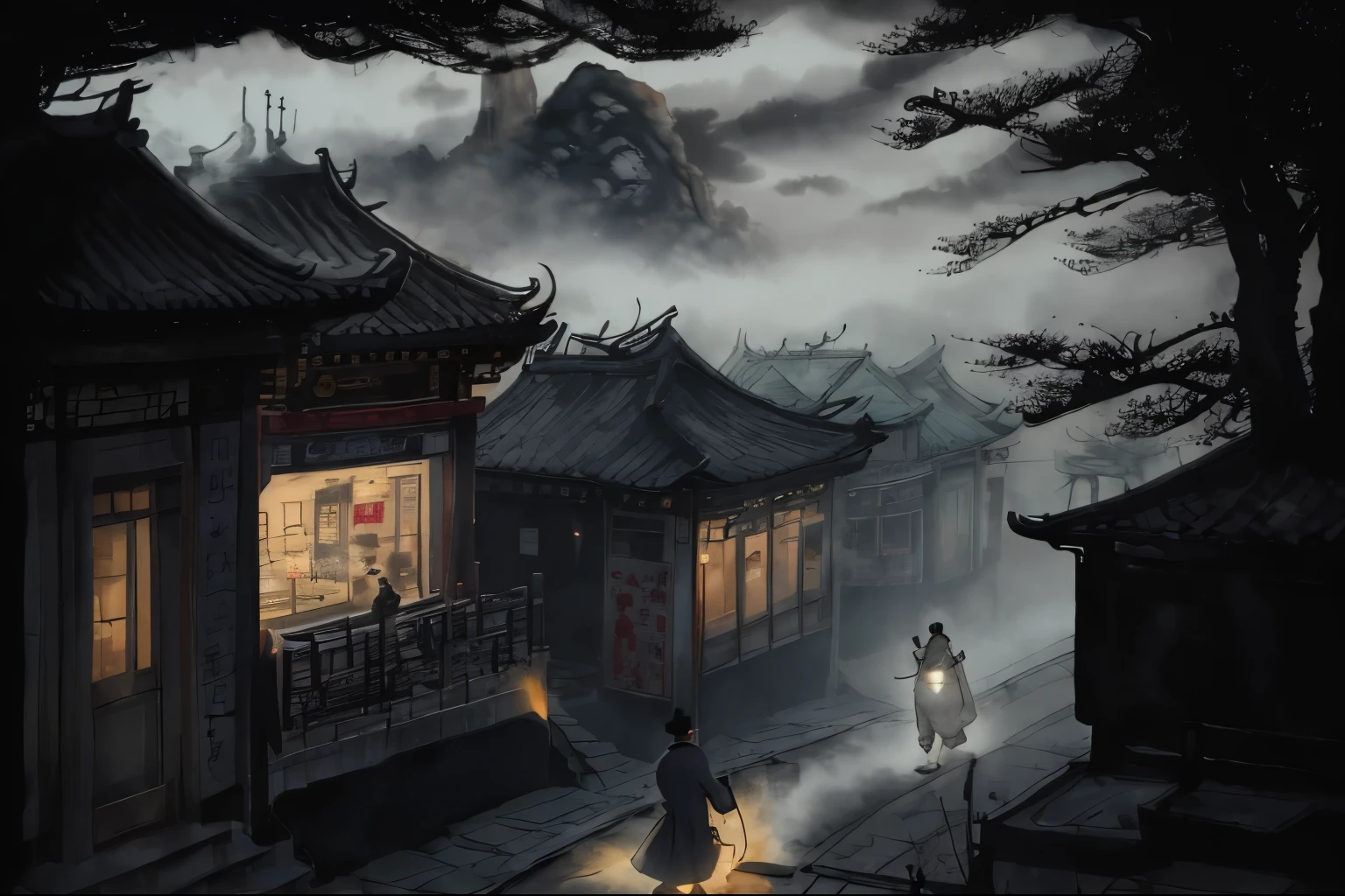 arafed view of a man walking down a street in the fog, dreamy chinese town, by Yang J, andreas rocha style, by Leng Mei, by Ren Xiong, by Han Gan, by Raymond Han, by Li Song, by Ruan Jia, by Zou Zhe, by Victor Wang, by Bayard Wu, misty alleyway