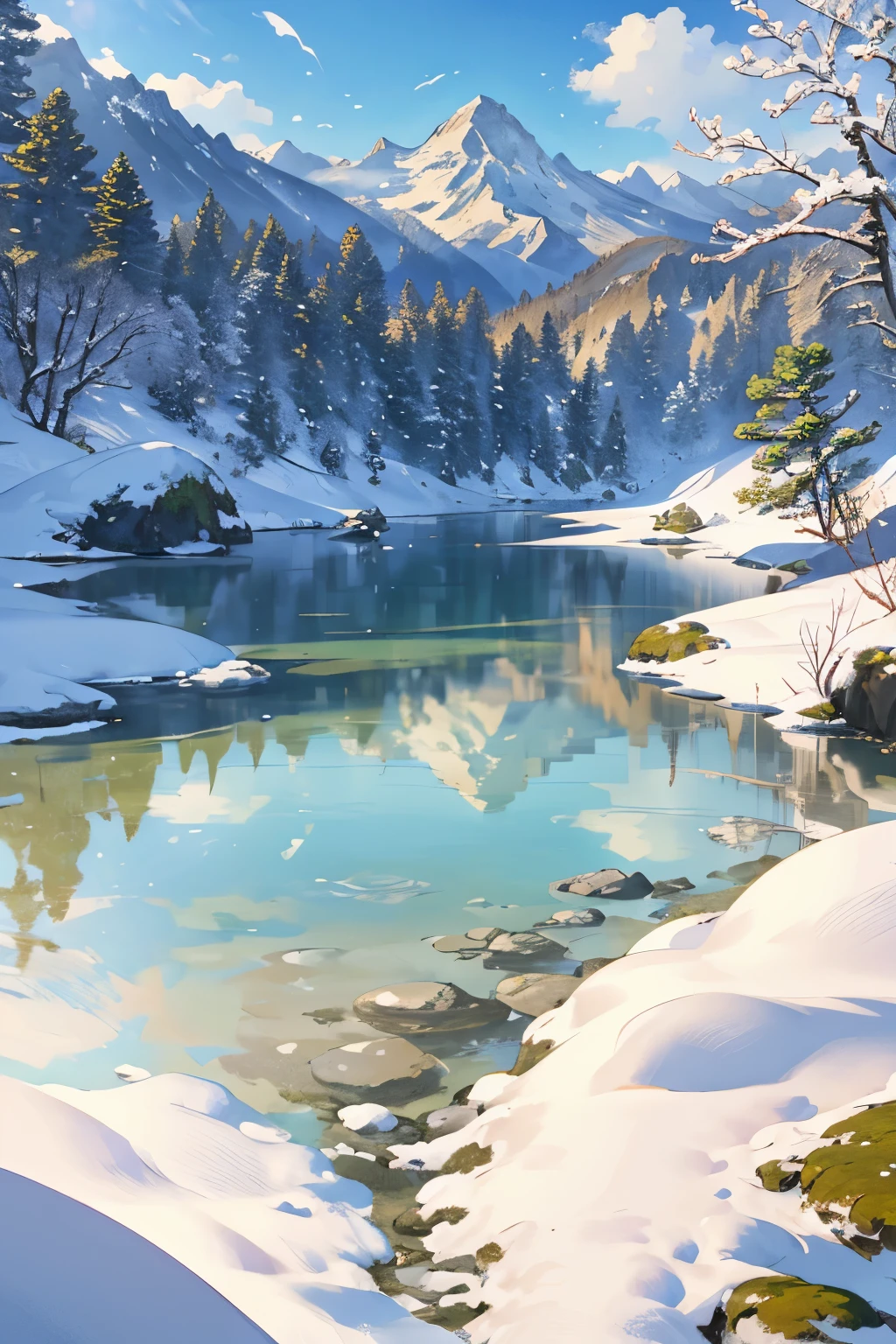 Masterpiece, serene landscape, mountains with snow-capped peaks towering over lush grassland, clear water reflecting the breathtaking scenery, ultra-detailed, realistic, dynamic light and shadow, high resolution, crisp focus, immersive depth of field, intricately textured vegetation and water surfaces, early morning sun casting long shadows, stirring tranquility and peace, inspired by Monet or Hokusai.