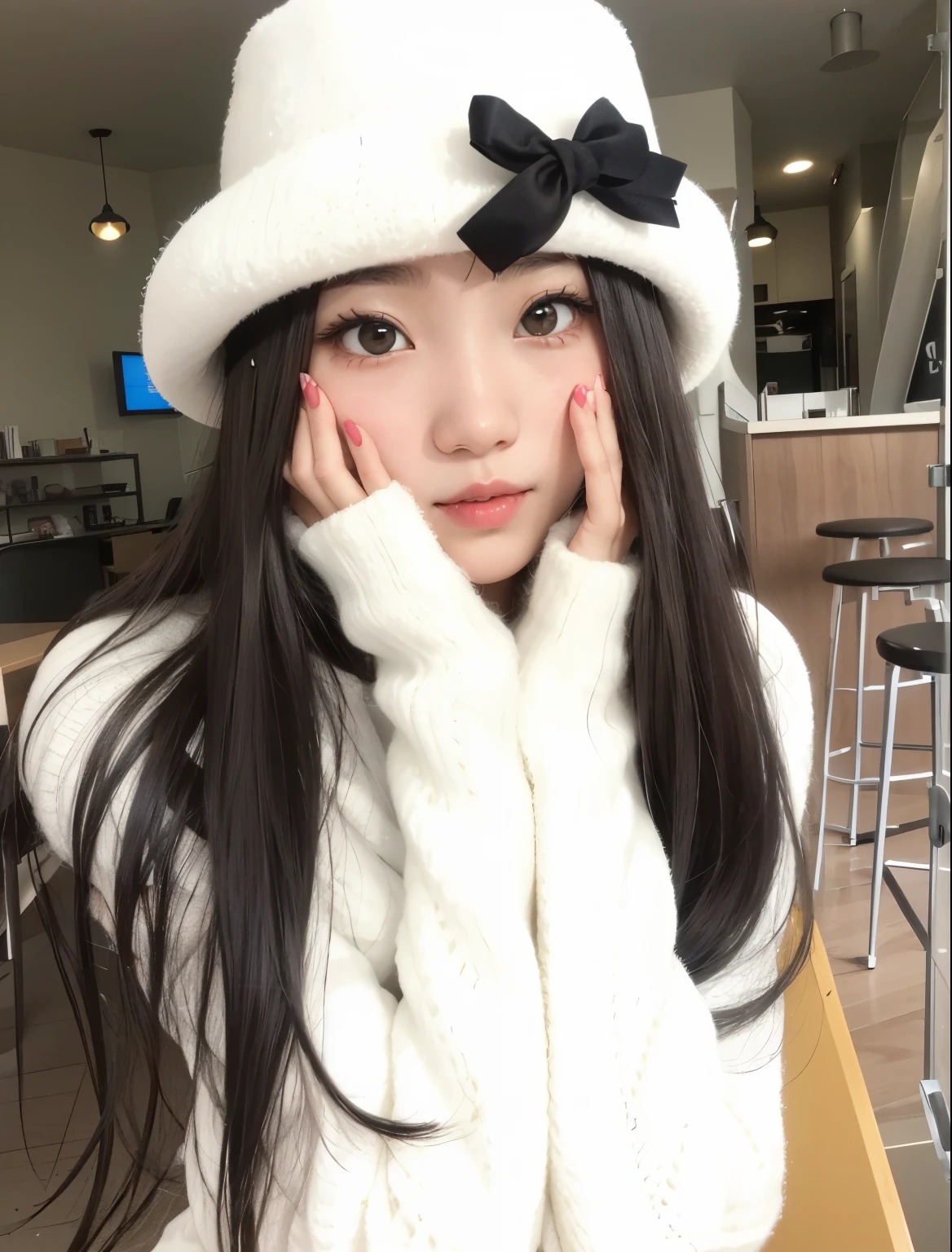araffe girl in a white hat and black gloves talking on a cell phone, ulzzang, belle delphine, 19-year-old girl, cute kawaii girl, girl cute-fine-face, pale snow white skin, korean girl, chiho, with cute - fine - face, sakimichan, twintails white_gloves