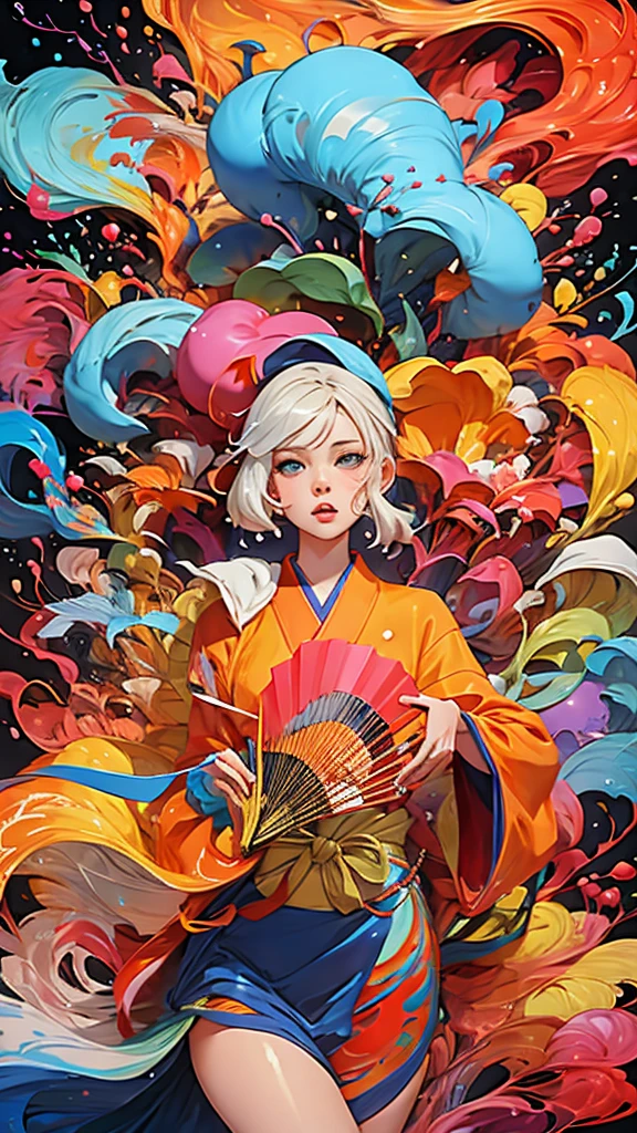 Masterpiece, best quality, beautiful woman wearing yukata, whole figure, holding fan, ink painting in the style of artists like Russ Mills, Sakimichan, Wlop, Loish, Artgerm, Darek Zabrocki, and Jean-Baptiste Monge, Mysterious