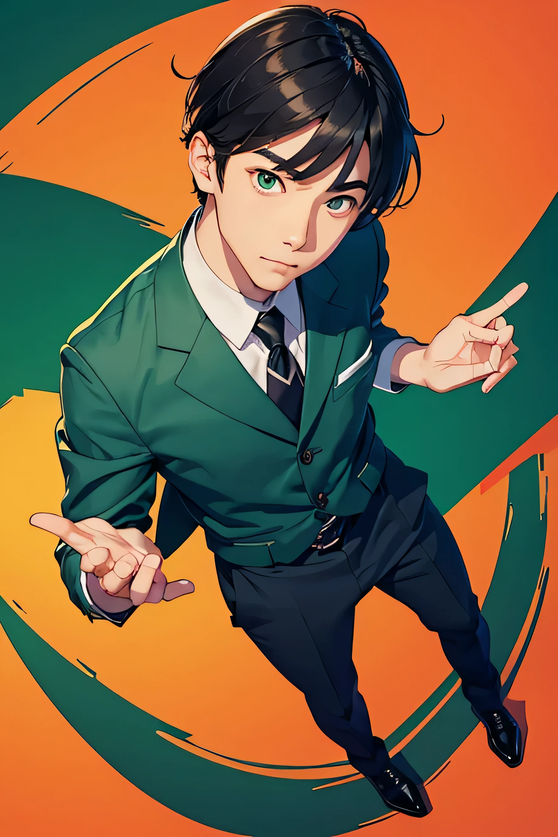 I'sexy man in his 20s.。standing up straight。Great sense of shoes。The big mouth and big eyes are very impressive..。Green uniforms are popular。Please show me your whole body from head to toe.。Please create an illustration from the front..。no background required。
