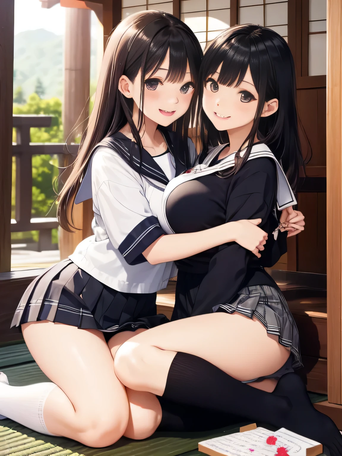 highest quality、detailed background、beautiful and detailed face、beautiful and smooth skin、skin texture、professional lighting、beautiful age girl、((three women))、cute hairstyle、(big breasts:1.2)、
sailor suit、plaid pleated mini skirt、knee high socks、playfully hug each other、Play around, laugh and have fun、smile、panty shot、sexual expression、show one'~ side、show me your pants、
Visit traditional Japanese temples and shrines、at the entrance, cleanse your hands、worship and pray.、Participate in the unique customs of shrines and temples, Write your wishes on votive tablets that draw fortunes, etc..