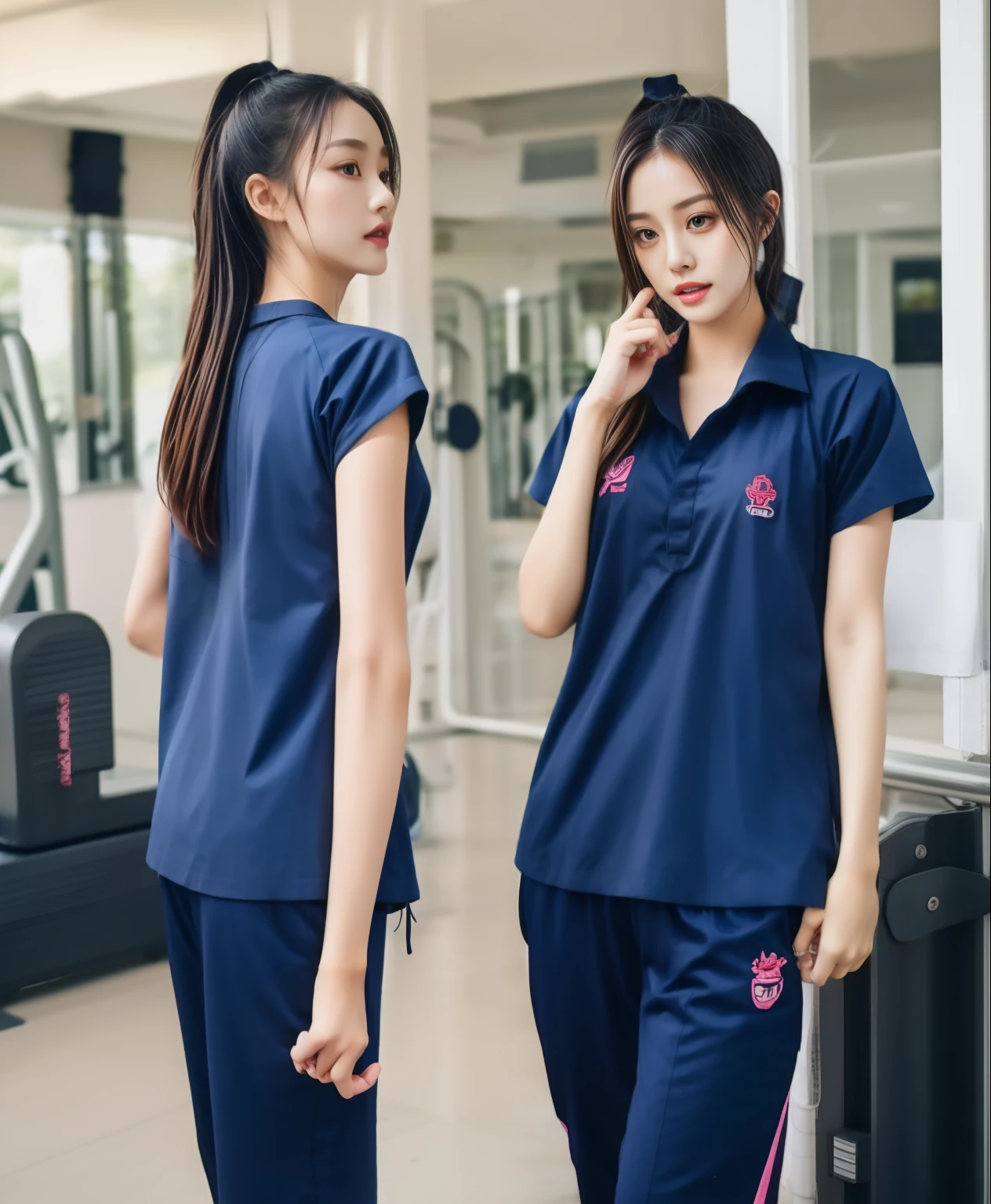 3 girls in fitness center, Navy blue short-sleeved shirt,Navy Long Trackpant,Sweatpants, Sweatpantsขายาว,25 year old girl, lesbian, sexy, exercise clothes, wet body, exercise clothes