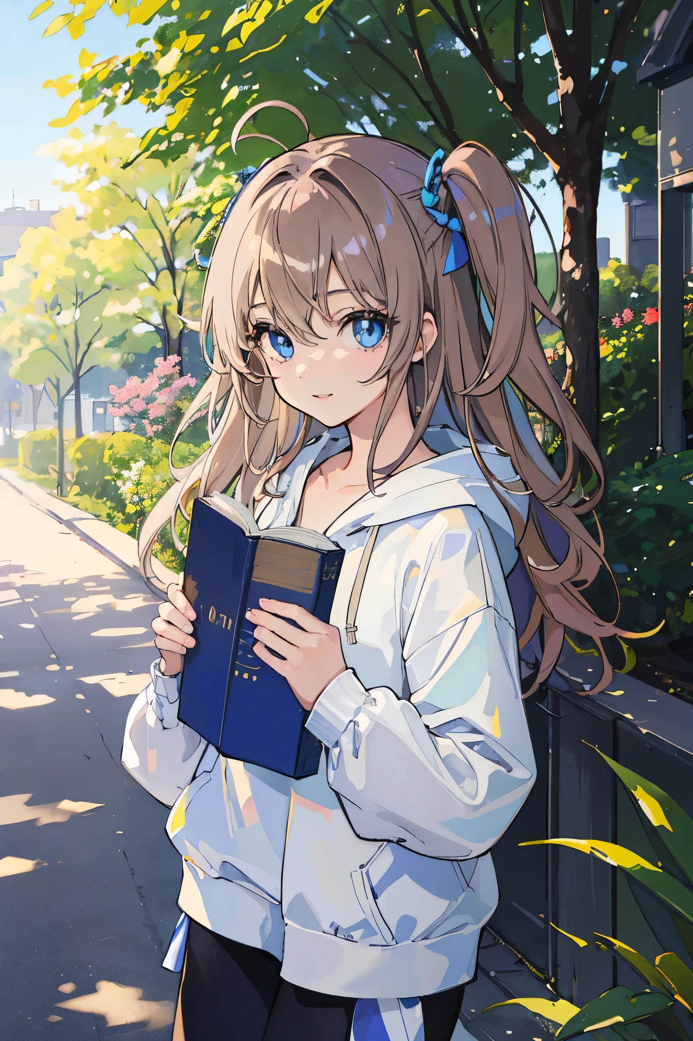 (highest quality,High resolution,masterpiece:1.2),super detailed,realistic,HDR,Professional,Bright colors,Bokeh,portrait,landscape,photograph,concept artist,soft pastel tones,pastoral lighting,beautiful and fine eyes,beautiful detailed lips,highly detailed eyes and face,long eyelashes,sparkling eyes,delicate nose,cute smile,brown curly hair,1 Ahoge,adorable cute girl,low length,見事なProfessionalポーション,Cute personality,attractive look,kneel on the ground,Leaning against a tree,have a book,bright blue eyes,innocent look,two side up hair, long blue hoodie,black leggings,standing on street corner