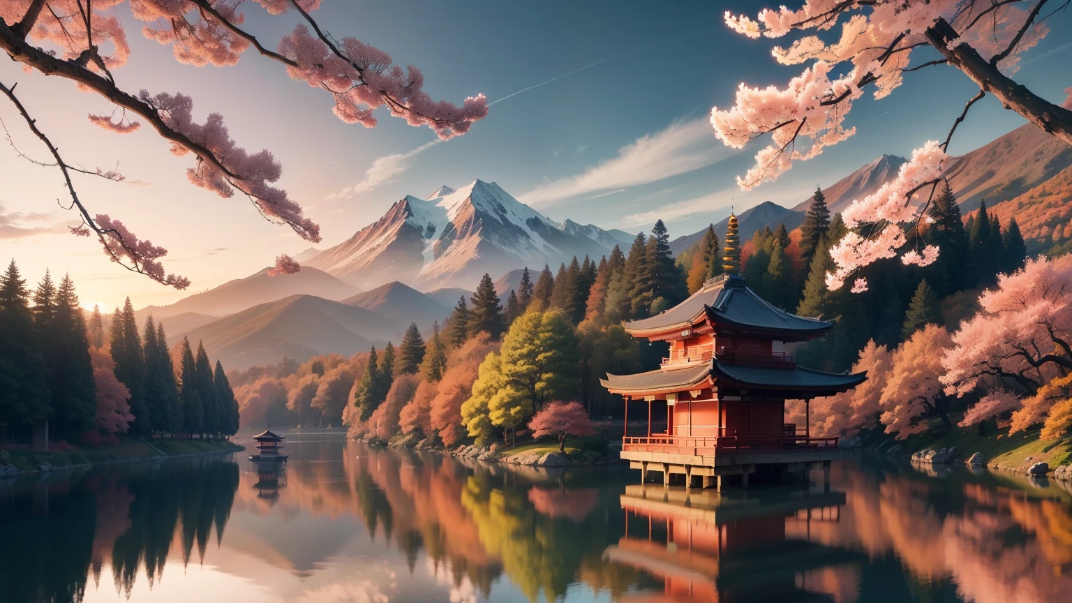 Beautiful lake with sakura trees and autumn trees around, with shrines and temples in the background, beautiful, detailed, sunset 